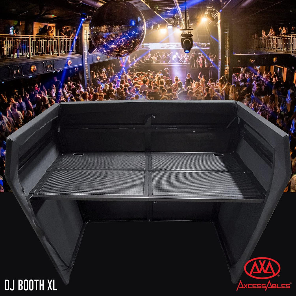 AxcessAbles DJ BOOTH XL 58' wide x 29' deep DJ Facade Table | Portable Extra Wide DJ Table Booth with Black and White Scrims, Carry Cases | Large DJ Controller Stand | Music Mixer Stand