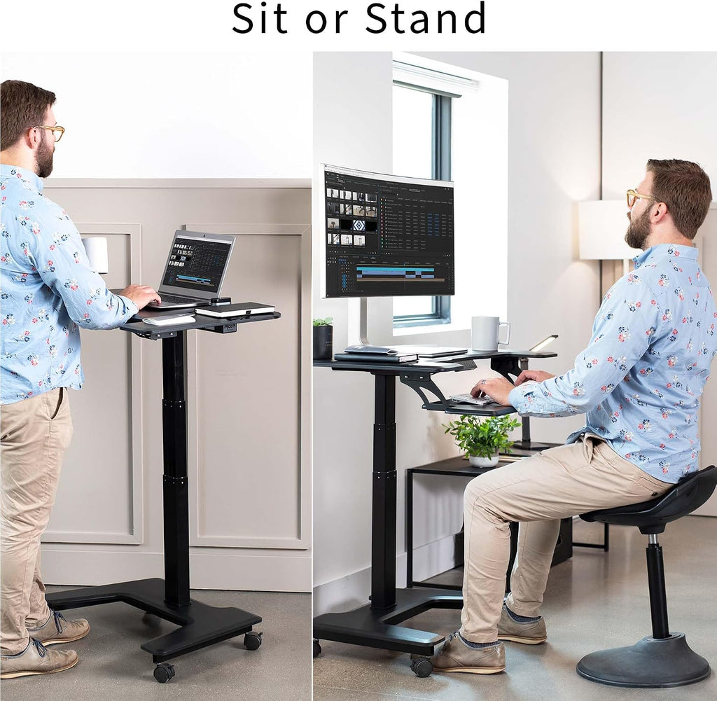 VIVO Black Electric Mobile Height Adjustable 36 inch Dual Platform Standing Desk with Wheels, Rolling Small Space Table, Sit Stand Workstation, DESK-V111VT