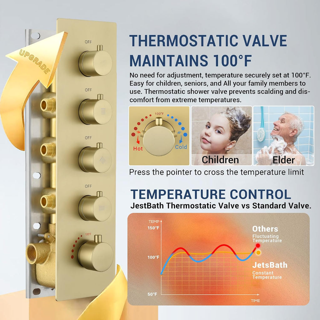 Dasan Thermostatic Dual Shower Head System with 6 Body Jets, 6-Inch Shower Head & 16' Rainfall Shower, Luxury Brushed Gold Shower Faucet Set Tandem Rain Shower Head System for Couples/ 2-Person