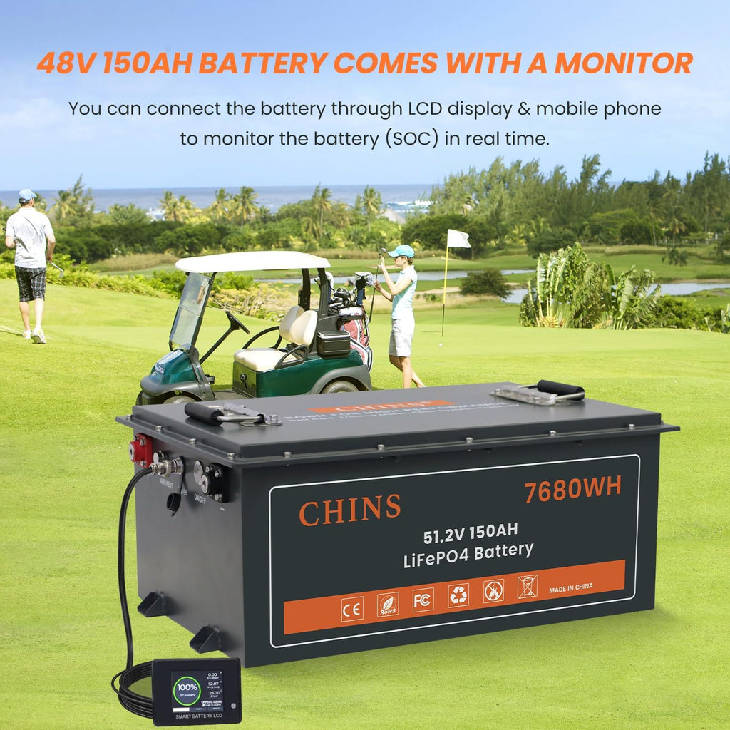 CHINS 48V 150Ah Lithium Golf Cart Battery, Built-in 200A BMS, Includes 48V 18A Charger, 48V Lithium Battery Golf Cart, Max 10.24kW Output 70 Miles Range, Perfect for Golf Cart