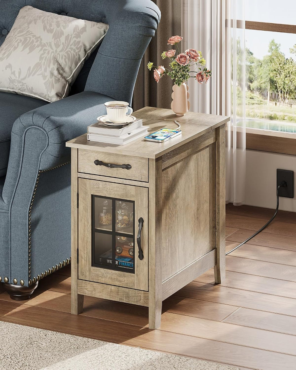 WLIVE End Table with Charging Station, Narrow Side Table for Living Room, Farmhouse Night Stand with Storage, Small Wooden Cabinet Nightstand with USB Ports and Outlets