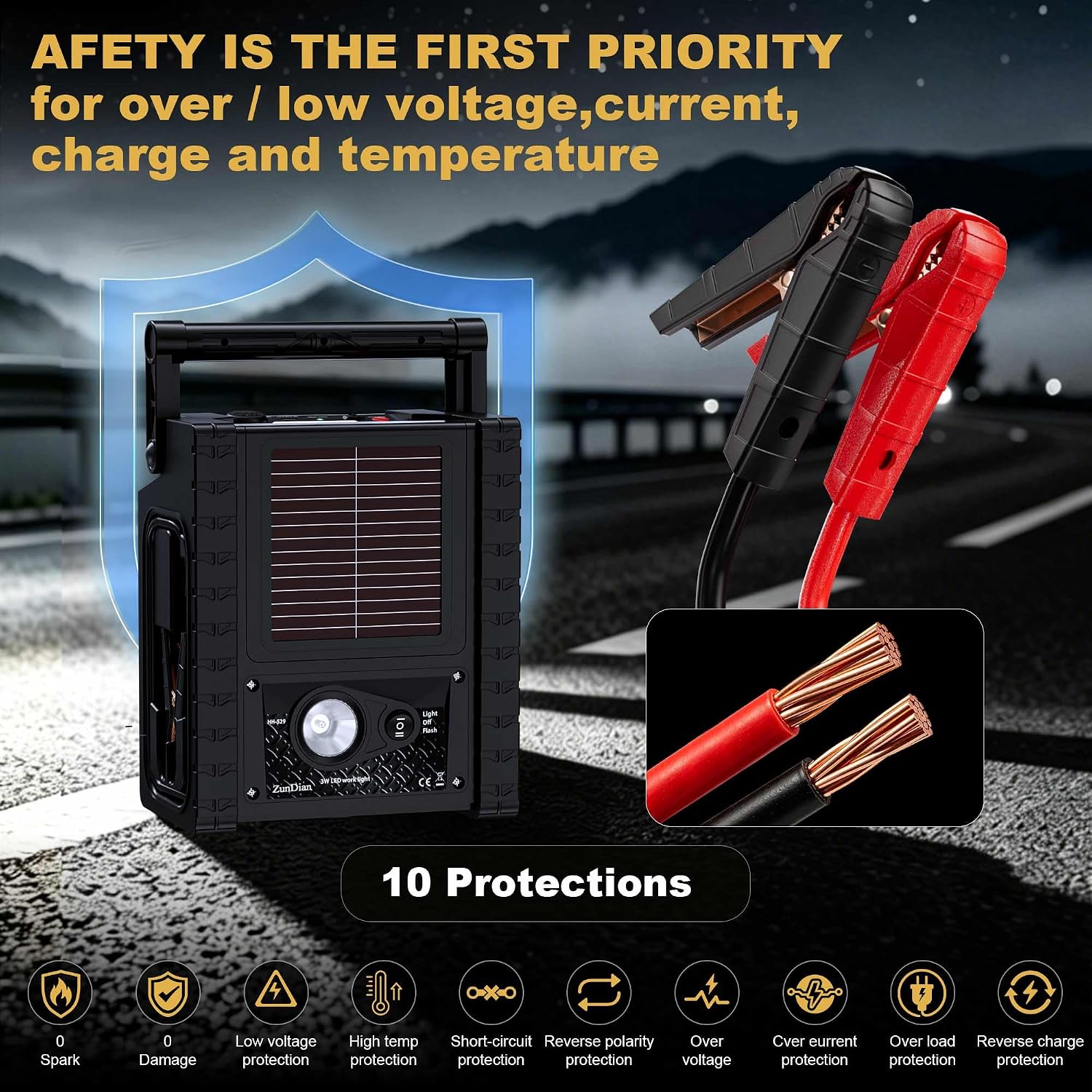 2000A Car Battery Jump Starter with Air Compressor 12V Battery Jumper Box Car Start Booster Up to 10L Gas/8L Diesel Engines with 400W AC Inverter, LED Light