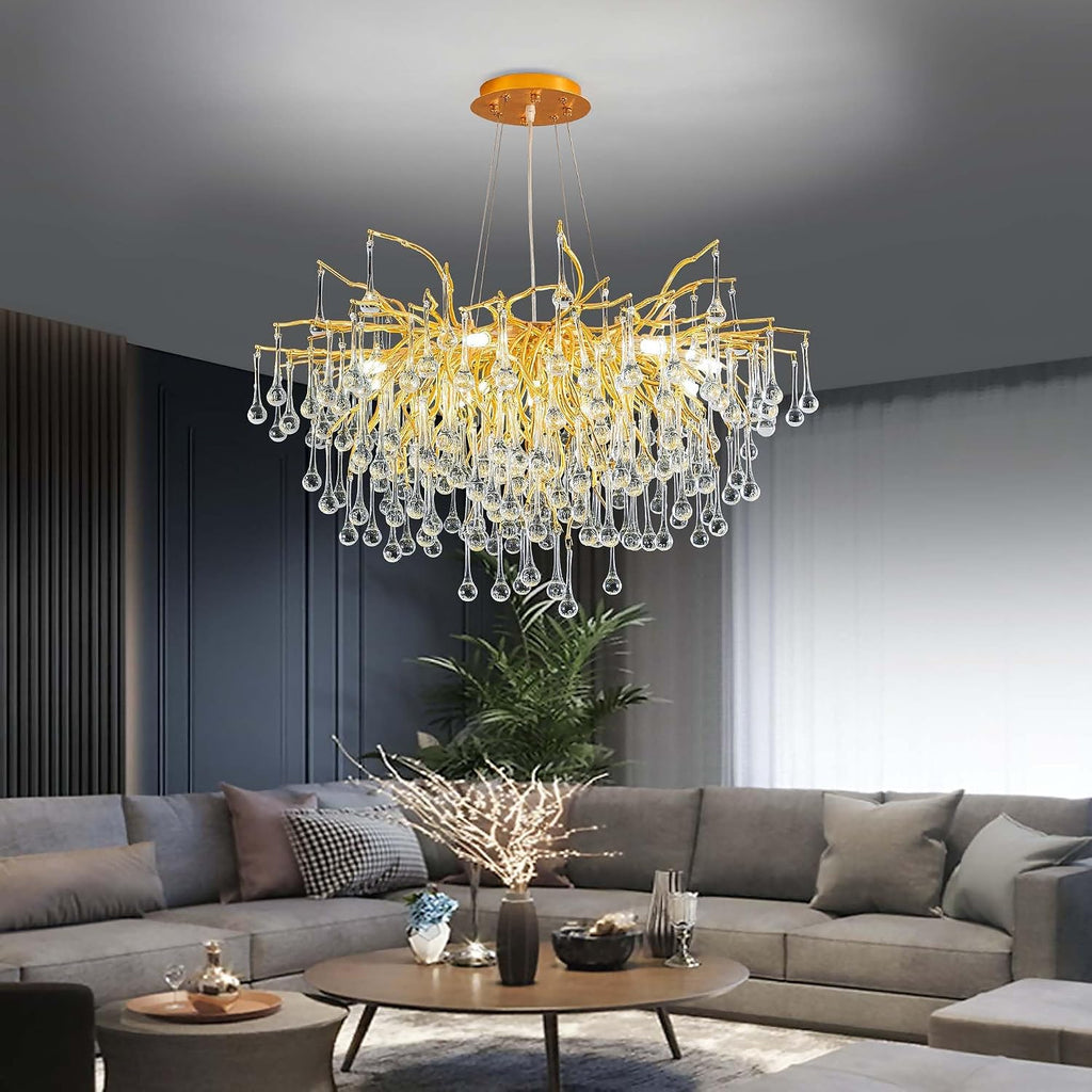 Modern Crystal Raindrop Chandelier, Gold Round Art Deco Tree Branch Lighting Fixture for Dining Room Living Room Foyer 13 Lights D31.5''