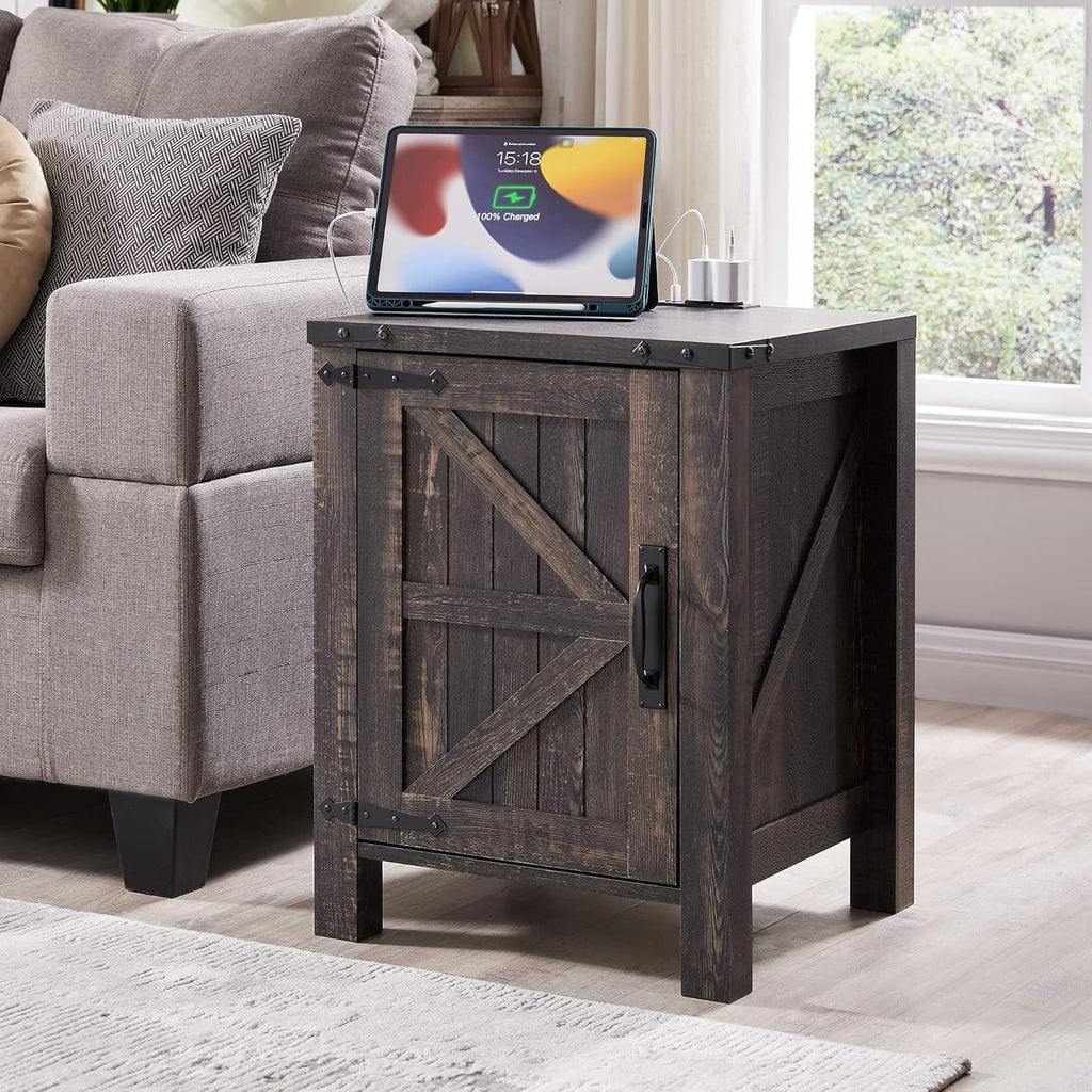 OKD Farmhouse Nightstand Set of 2, 18 Inch Rustic End Table with Charging Station, Barn Door, Adjustable Storage Shelf, Wood Sofa Side Table for Living Room, Bedroom, Dark Rustic Oak