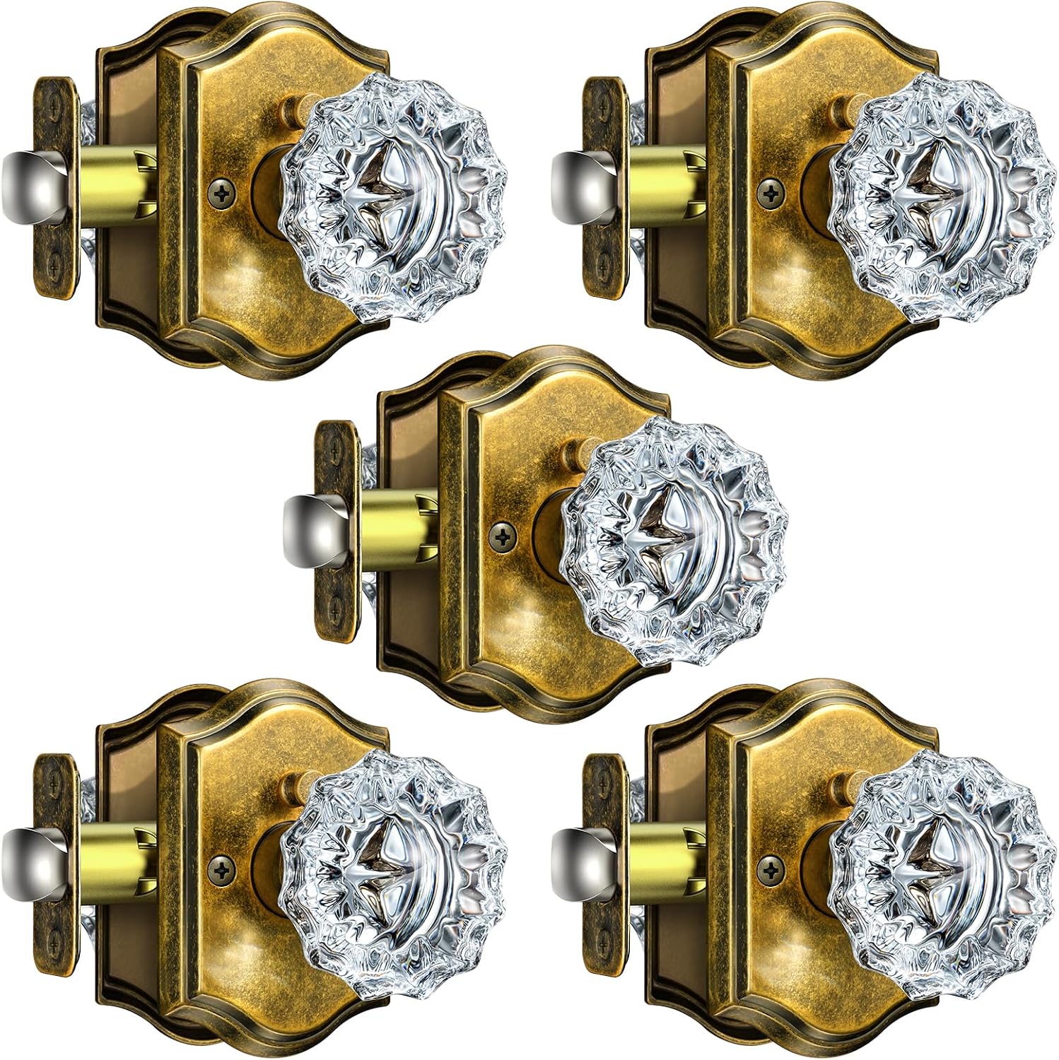5 Pack Glass Crystal Door Knobs Interior, Aged Brass Crystal Door Knobs with Lock for Privacy Use, Antique Crystal Glass Doorknobs for Bedroom Bathroom Interior Doors
