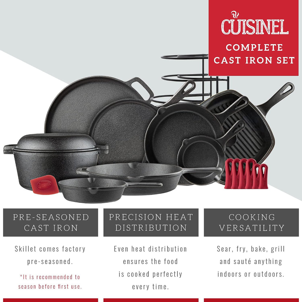 Cuisinel Cast Iron Cookware 18-Piece Set - Pre-Seasoned 6' + 8' + 10' + 12' Skillet + Grill Pan+Lid + Griddle + Pizza Pan + Dutch Oven+Pan Cover + Panrack + Silicone Handle Grips + Pan Scraper/Cleaner