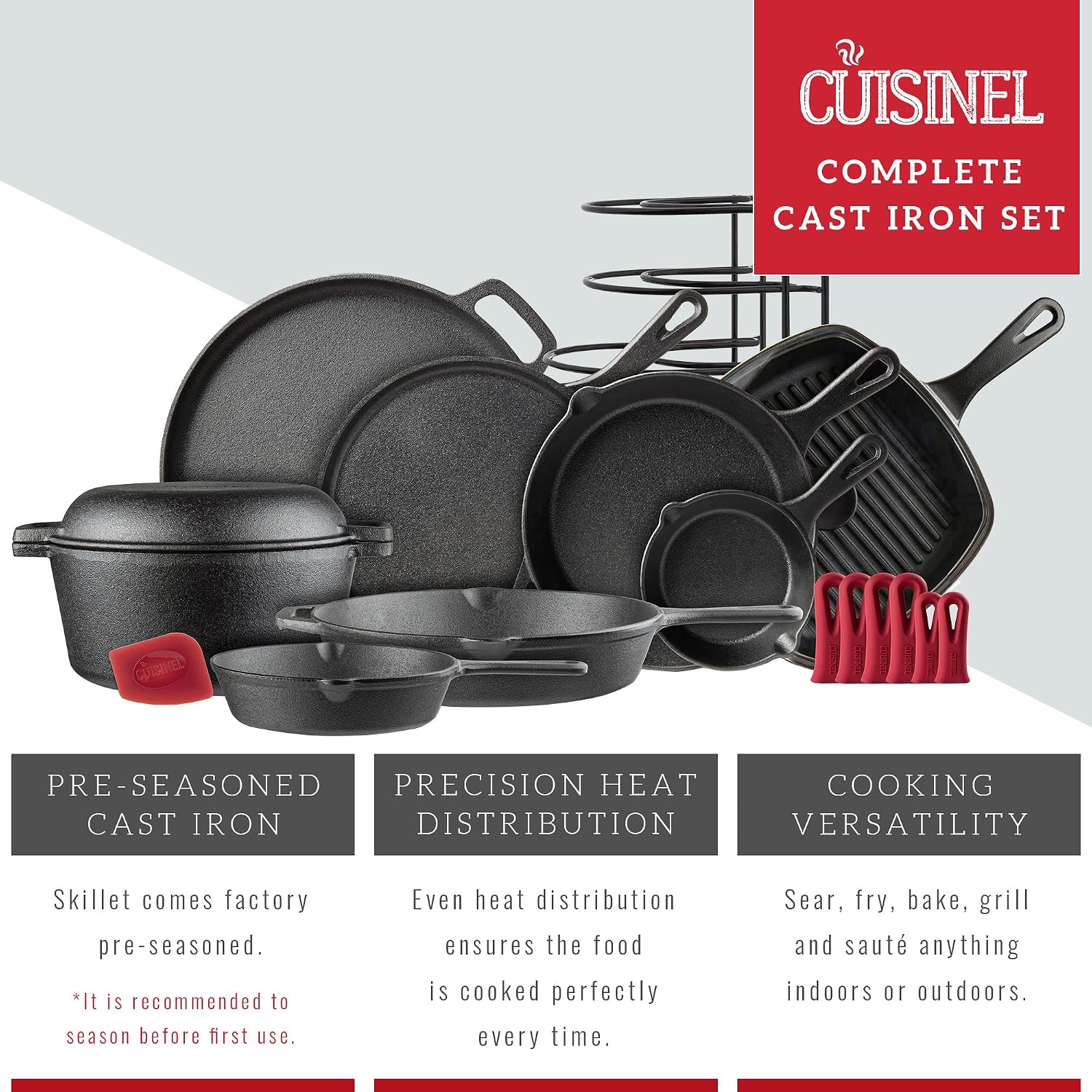 Cuisinel Cast Iron Cookware 18-Piece Set - Pre-Seasoned 6' + 8' + 10' + 12' Skillet + Grill Pan+Lid + Griddle + Pizza Pan + Dutch Oven+Pan Cover + Panrack + Silicone Handle Grips + Pan Scraper/Cleaner