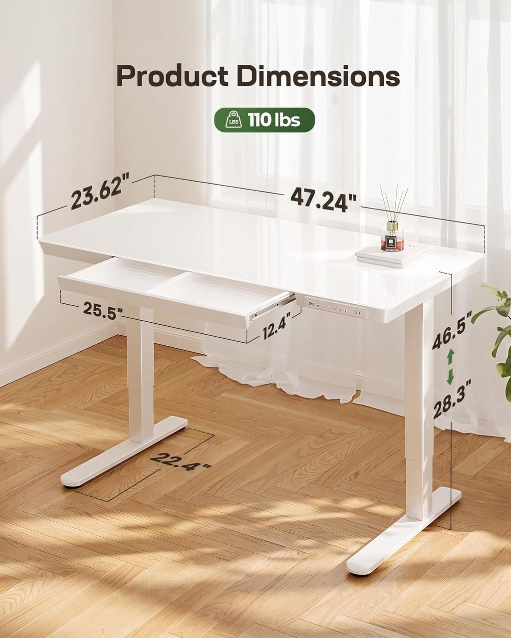 Marsail Glass Standing Desk with Drawer, 47.24 inch Electric Standing Desk, Height Adjustable Desk with One-Piece Tabletop & USB Charging Ports, Sit Stand Desk with Storage for Home & Office White