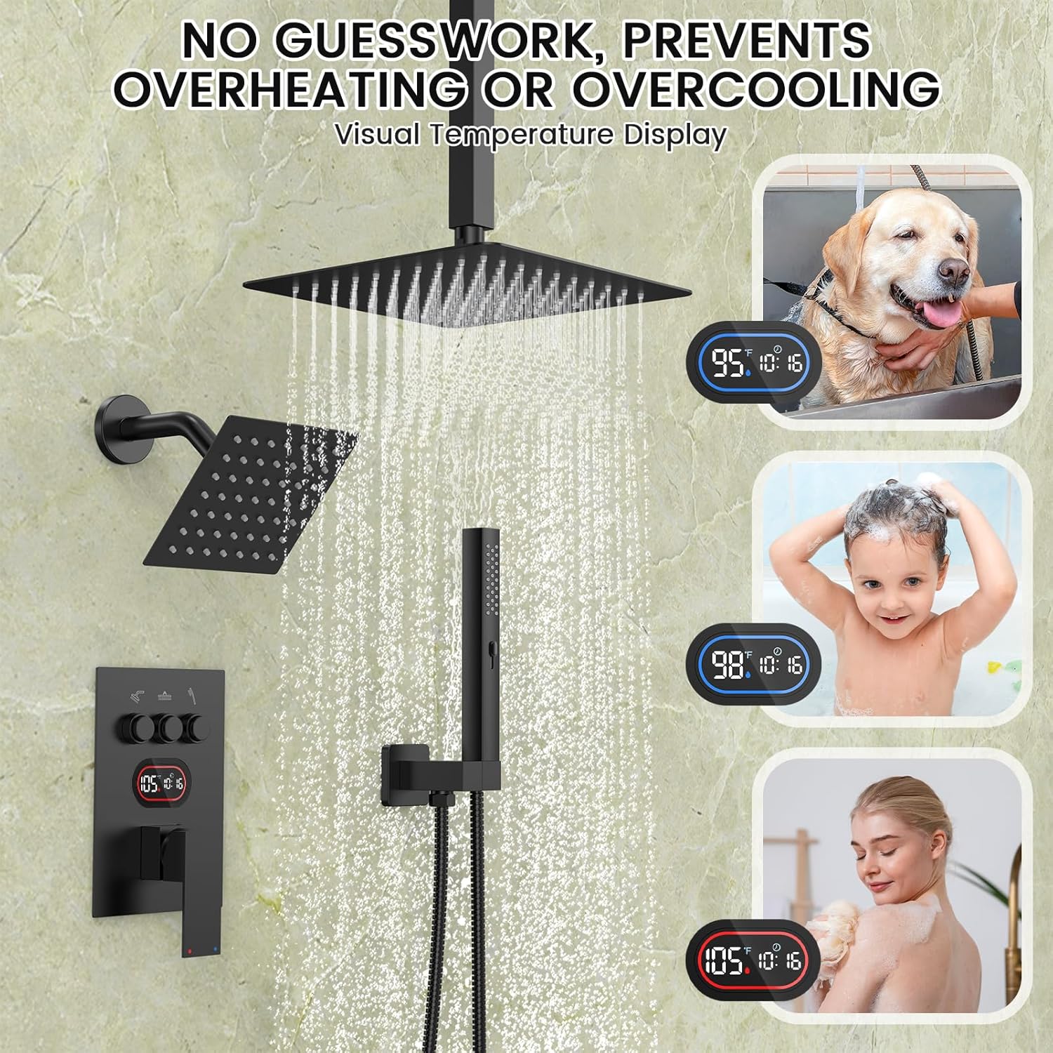 Push Button Diverter Shower Faucet Set Hydro Power Temperature Display, Shower System Ceiling Mounted 10' & Wall Mounted 6' Shower Head with 3-Spary Handheld, Matte Black