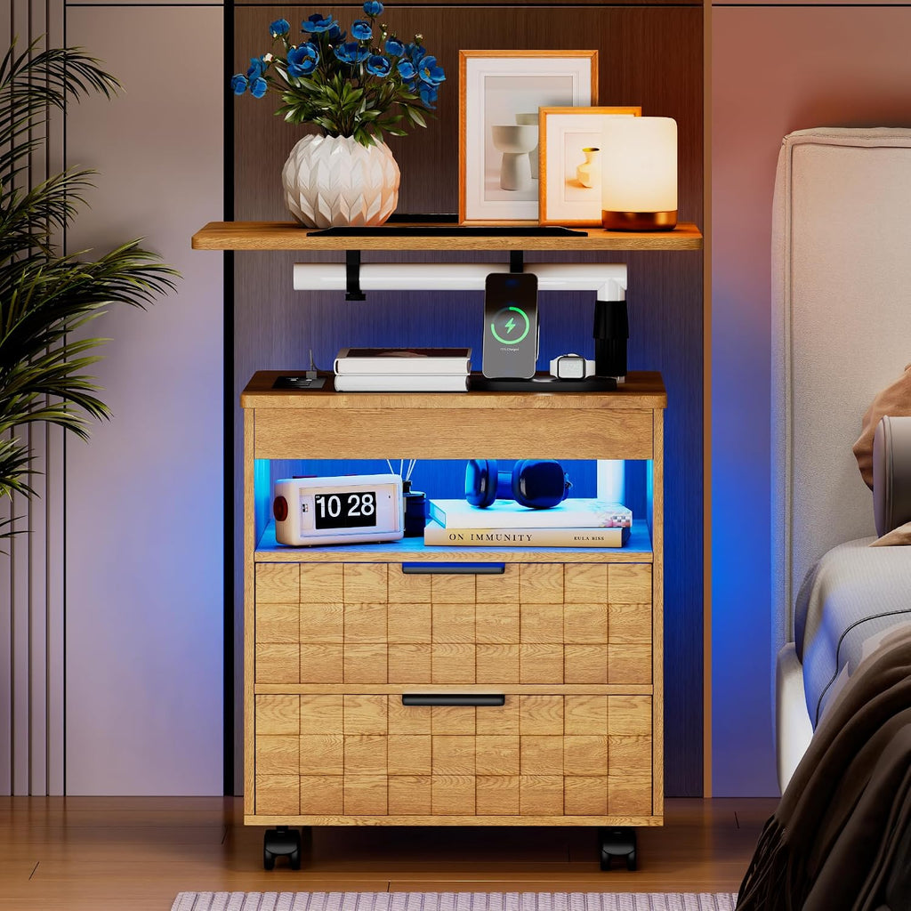 Lareth Height Adjustable Nightstand with Charging Station, LED Bedside Table 2 Drawers, Smart Wooden End Table Dorm Rolling Side Table Laptop Workstaion with Wheels for Bedroom, Natural