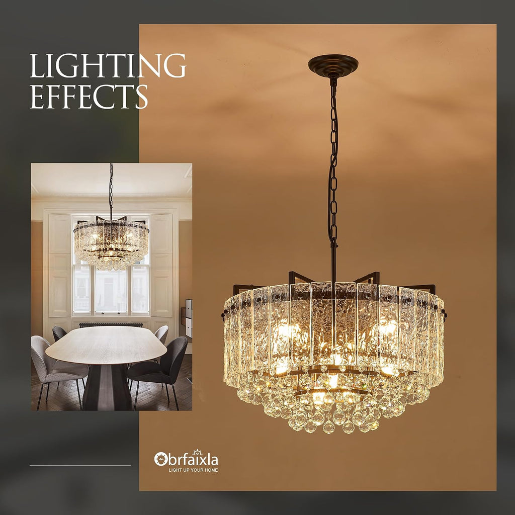 22.2' 10-Light Modern Glass Chandelier Light Fixtures Black 3-Tier Crystal Beads Chandeliers for Dining Room Round Hanging Ceiling Pendant Lighting for Kitchen Island Entryway Foyer Hallway
