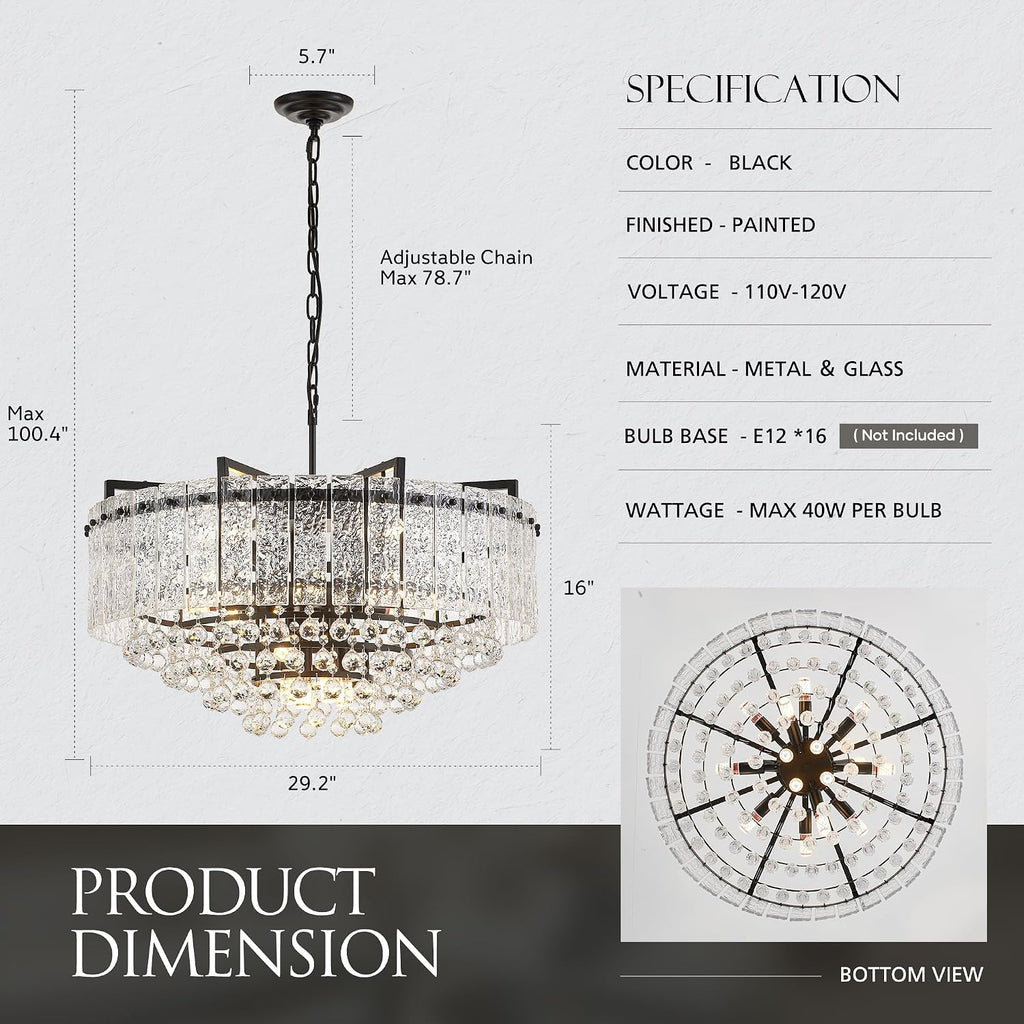 29.2' 16-Light Modern Glass Chandelier Light Fixtures Large Black 4-Tier Crystal Beads Chandeliers for Dining Room Round Hanging Ceiling Pendant Lighting for Bedroom Entryway Foyer Stairway