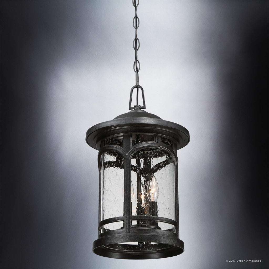 Urban Ambiance Luxury Rustic Outdoor Pendant Light, Large Size: 18' H x 11' W, with Colonial Style Elements, Wrought Iron Design, High-End Black Silk Finish and Seeded Glass, UQL1108