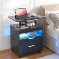 Lareth Height Adjustable Nightstand with Charging Station, LED Bedside Table 2 Drawers, Smart Wooden End Table Dorm Rolling Side Table Laptop Workstaion with Wheels for Bedroom, Black
