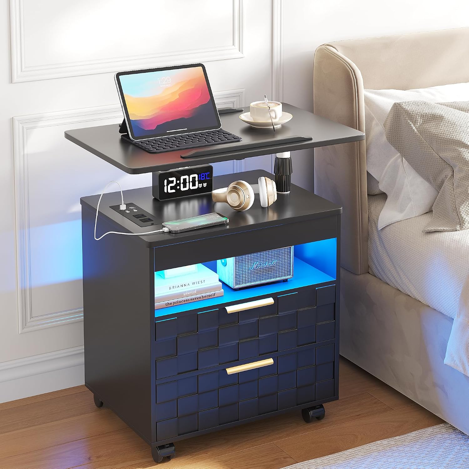 Lareth Height Adjustable Nightstand with Charging Station, LED Bedside Table 2 Drawers, Smart Wooden End Table Dorm Rolling Side Table Laptop Workstaion with Wheels for Bedroom, Black