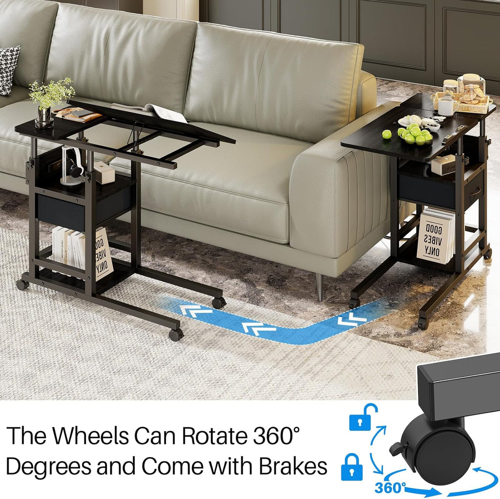 Height Adjustable Overbed Table with Wheel and Charging Station, Tiltable Desk C Shaped End Table for Couch, 2-Tier Overbed Bedside Desk with Storage Shelve for Living Room Bedroom