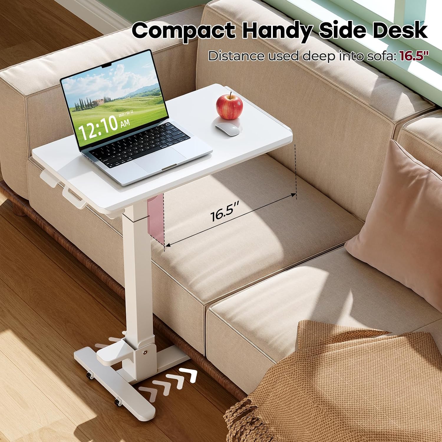 Foldable Mobile Standing Desk, 27 Inch Small Rolling Laptop Cart Height Adjustment, 90° Tiltable Bedside Table, No Assembly Needed Portable Computer Workstation, White