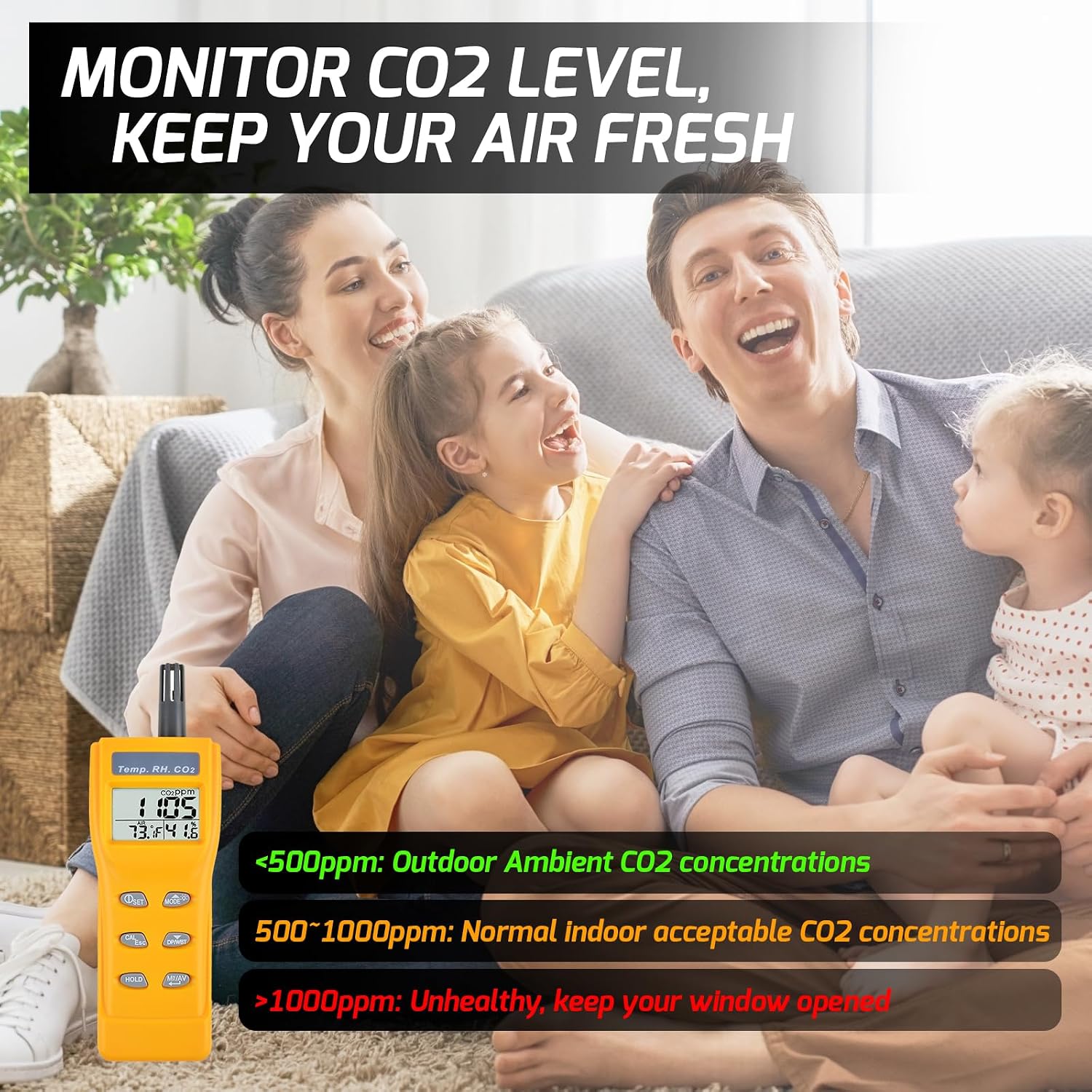 Portable CO2 Meter Handheld CO2 Detector Monitor 0~9999ppm, Carbon Dioxide Meter with Alarm Function, Temperature & Humidity Meter NDIR Sensor Air Quality Monitor for Home Trip Classroom and Office