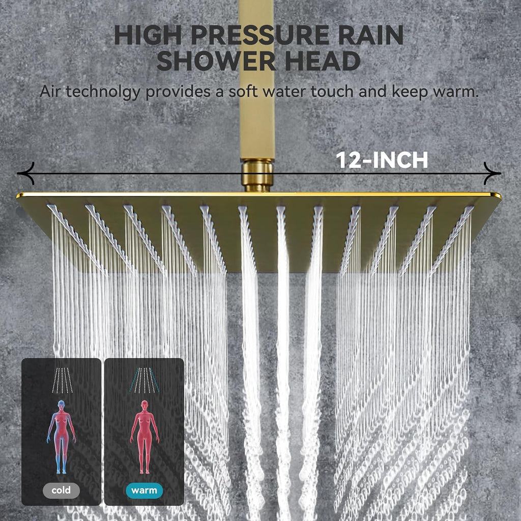 Rain Shower System With Complete 4 Pcs Body Sprays Jets And Pressured Balance Rough-in Valve,12Inch Rainfall Shower Head And Handheld, Modern Brushed Gold Ceiling Mount Shower Faucet Sets