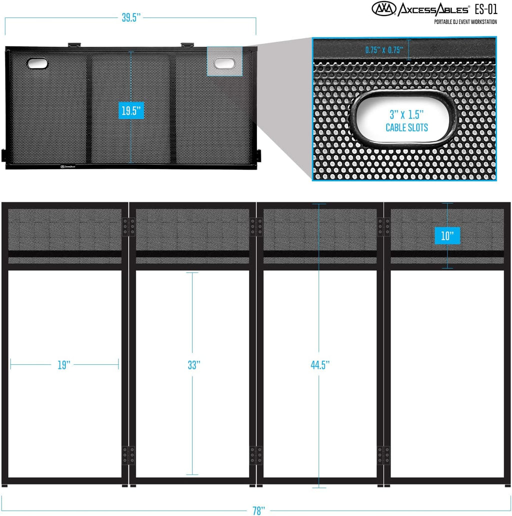 AxcessAbles Portable DJ Facade Booth with Black and White Lighting Scrims, Carry Cases | Standing DJ Table - 40' x 20' | DJ Controller Stand | Recording Mixer Stand | DJ Booth (ES-01)
