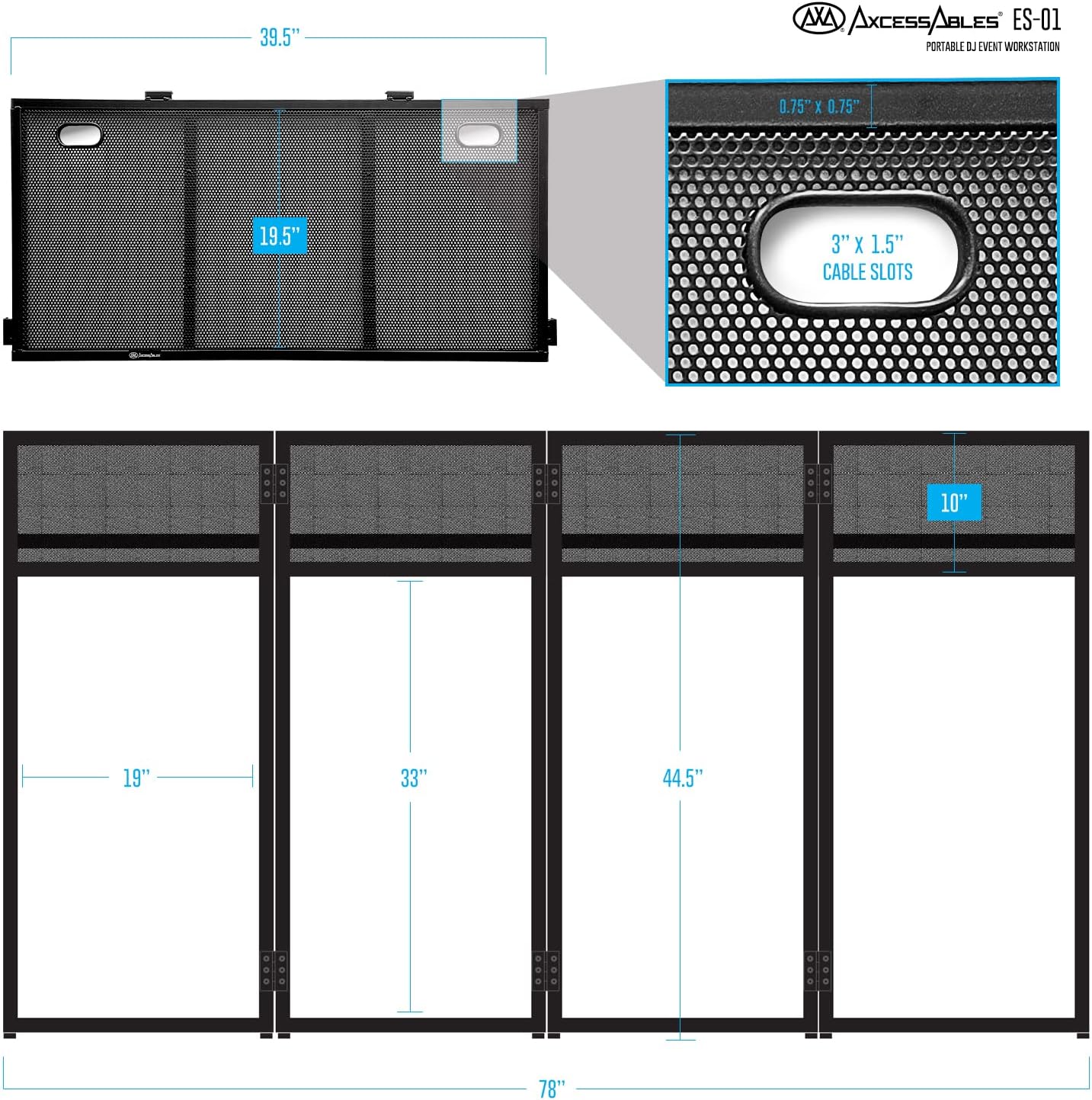 AxcessAbles Portable DJ Facade Booth with Black and White Lighting Scrims, Carry Cases | Standing DJ Table - 40' x 20' | DJ Controller Stand | Recording Mixer Stand | DJ Booth (ES-01)