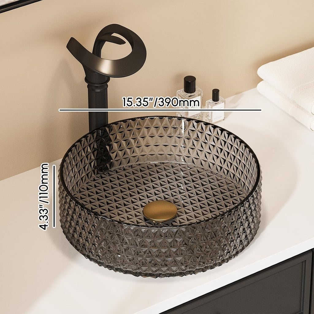 Homary Bathroom Vessel Sink Round Vessel Sink 15.35' x 4.33' Transparent Diamond Shaped Crystal Glass Bathroom Sink Above Counter with Pop-up Drain, Pack of 2, Black
