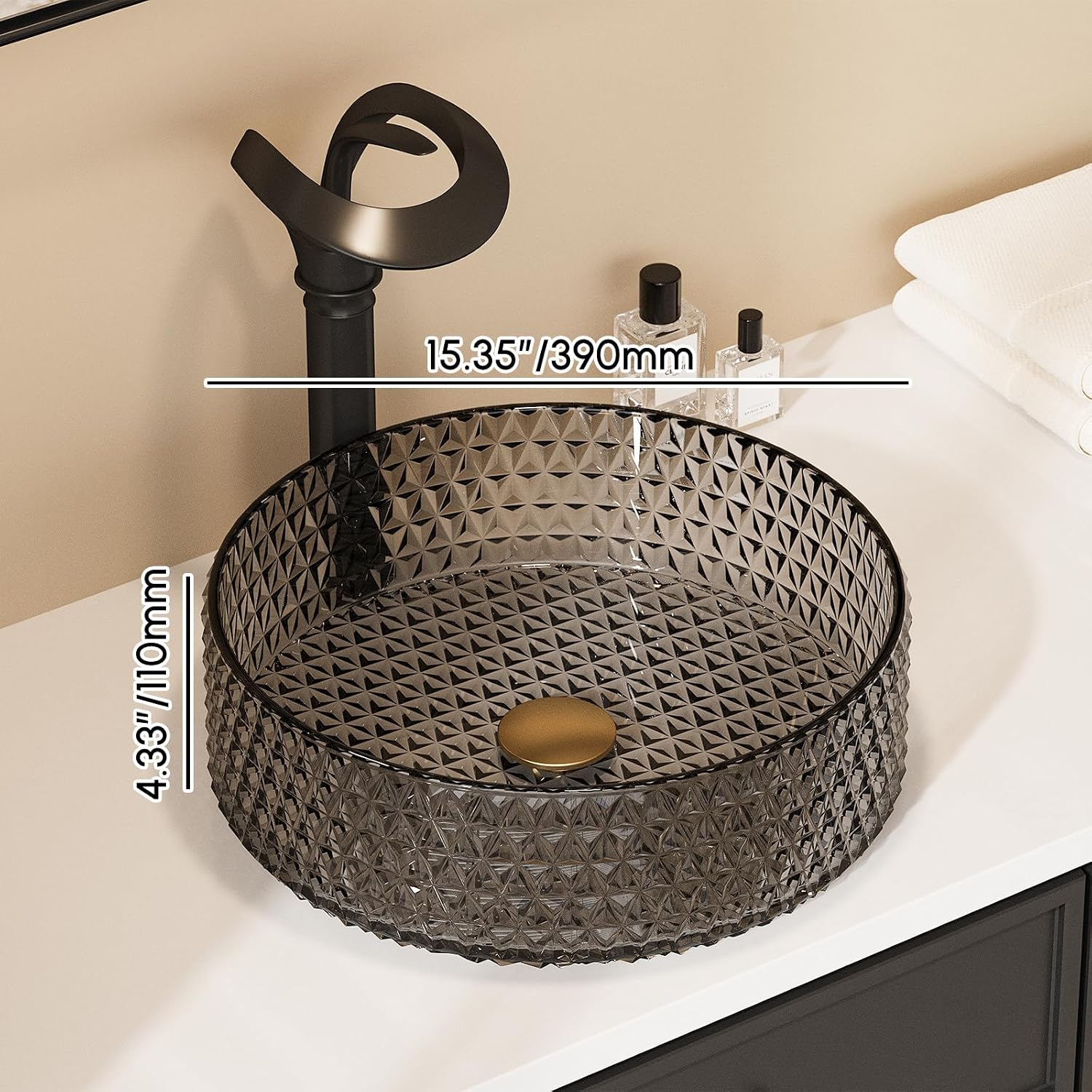 Homary Bathroom Vessel Sink Round Vessel Sink 15.35' x 4.33' Transparent Diamond Shaped Crystal Glass Bathroom Sink Above Counter with Pop-up Drain, Pack of 2, Black