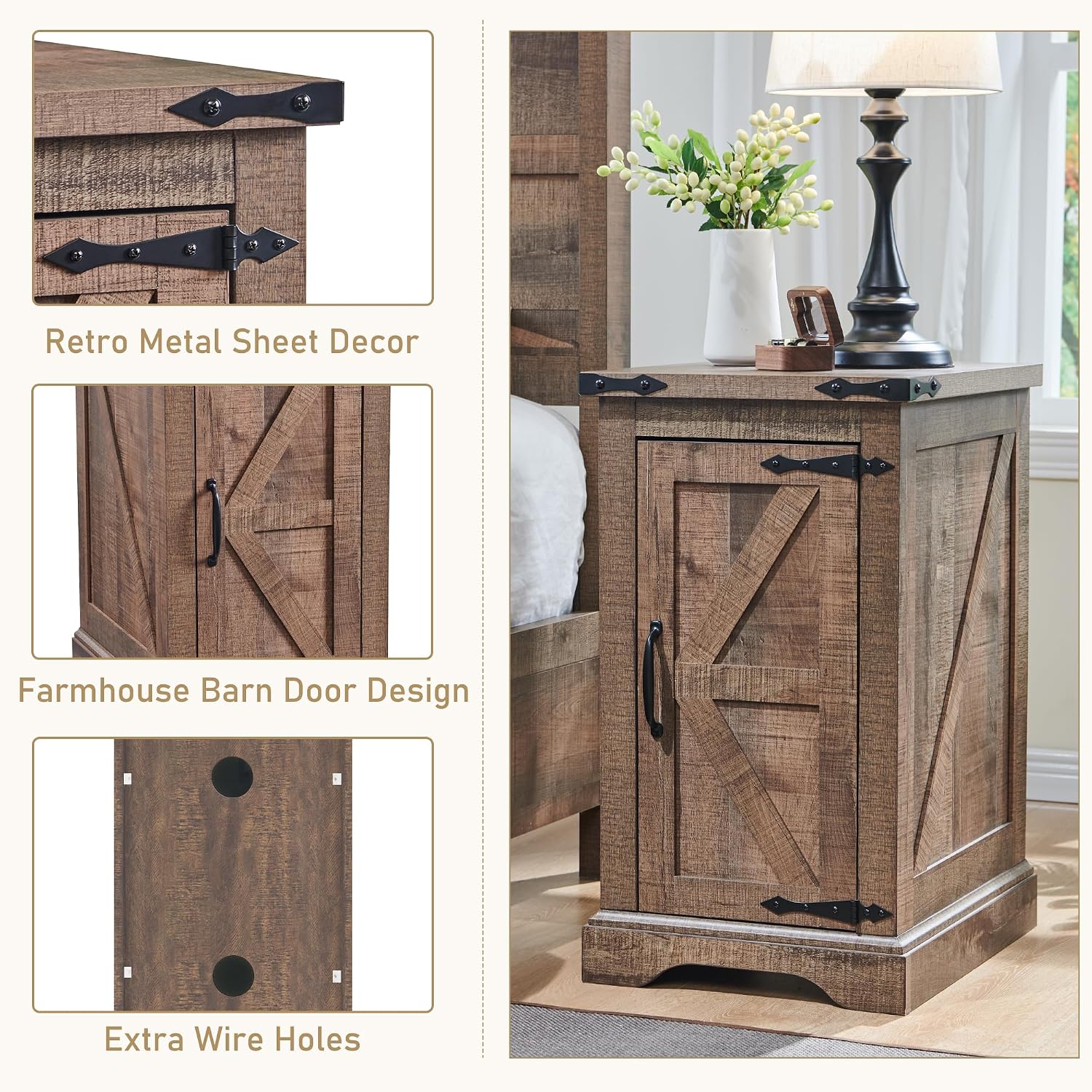 JXQTLINGMU Nightstand with Charging Station, Rectangular Farmhouse End Table with Barn Door and Adjustable Storage Shelf, 17' Deep Wood Rustic Sofa Side Table for Living Room, Bedroom, Light Brown