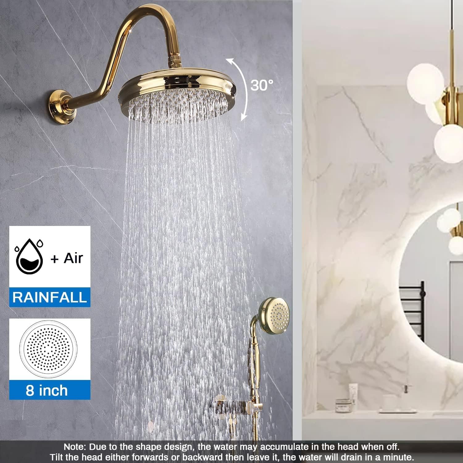 Enga Antique Shower Faucet Sets 8 inch Rainfall Head with Body Jets Handheld Spray Fixtures Combo, Brass 3 Way Diverter Rough in Valve Trim Kit, Bright Gold