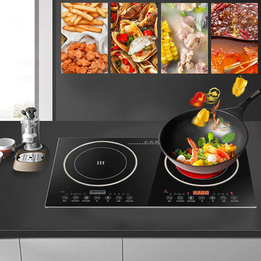 DYRABREST Electric Double Induction Cooktop,110V LCD Display Induction Hot Plate with 8 Levels Firepower and Multiple Cooking Modes,Far Infrared Heating Countertop Burners for Home (type 1)