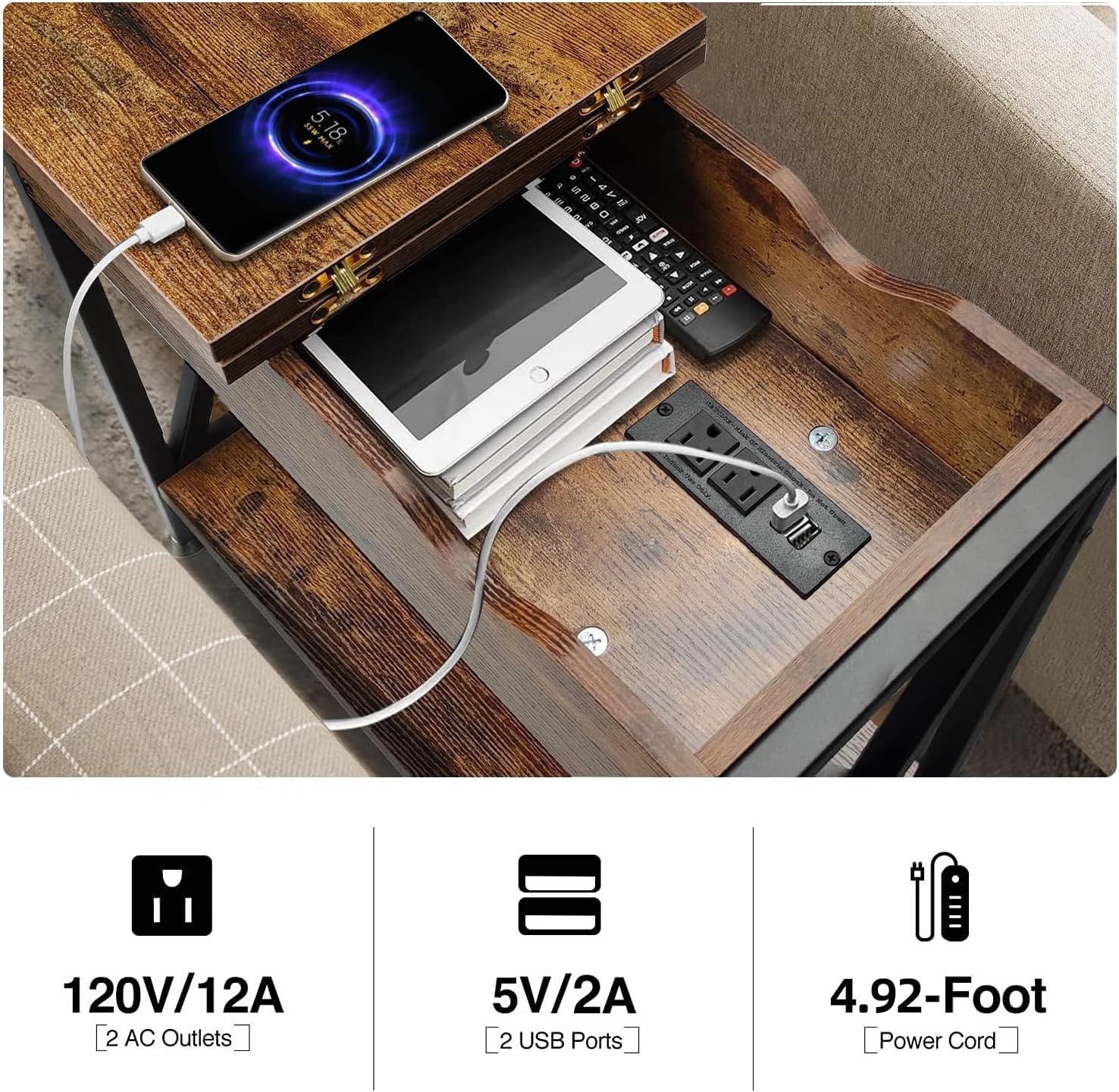 TooCust End Tables Living Room Set of 2, Narrow Side Table with Charging Station, 12' D x 24' W x 24' H, Flip Top End Table with USB Ports and Outlets, Couch End Tables Set of 2, Steel X-Shaped Frame
