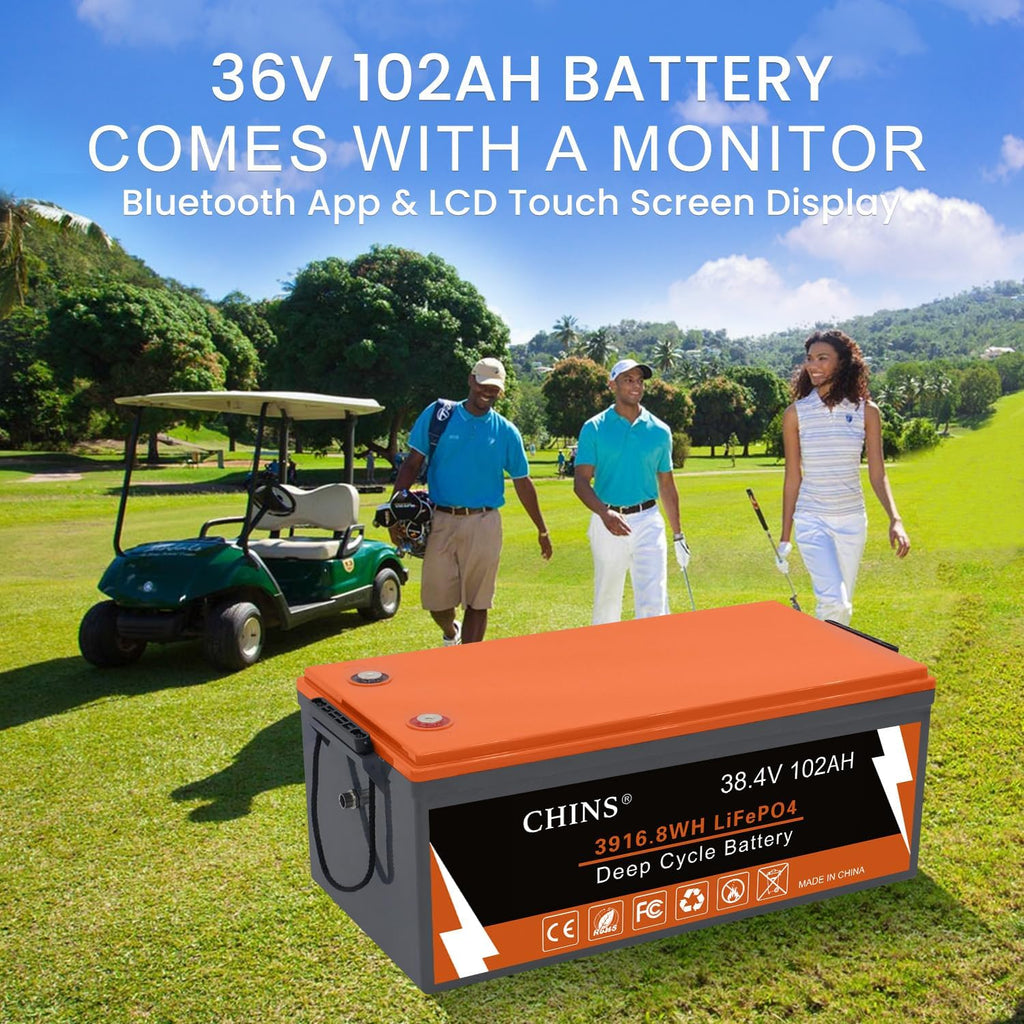 CHINS 36V 102Ah Lithium Golf Cart Battery, Built-in Smart 200A BMS, 36V Lithium Battery 4000+ Cycles Rechargeable, 36V LiFePO4 Battery Perfect for Golf Cart