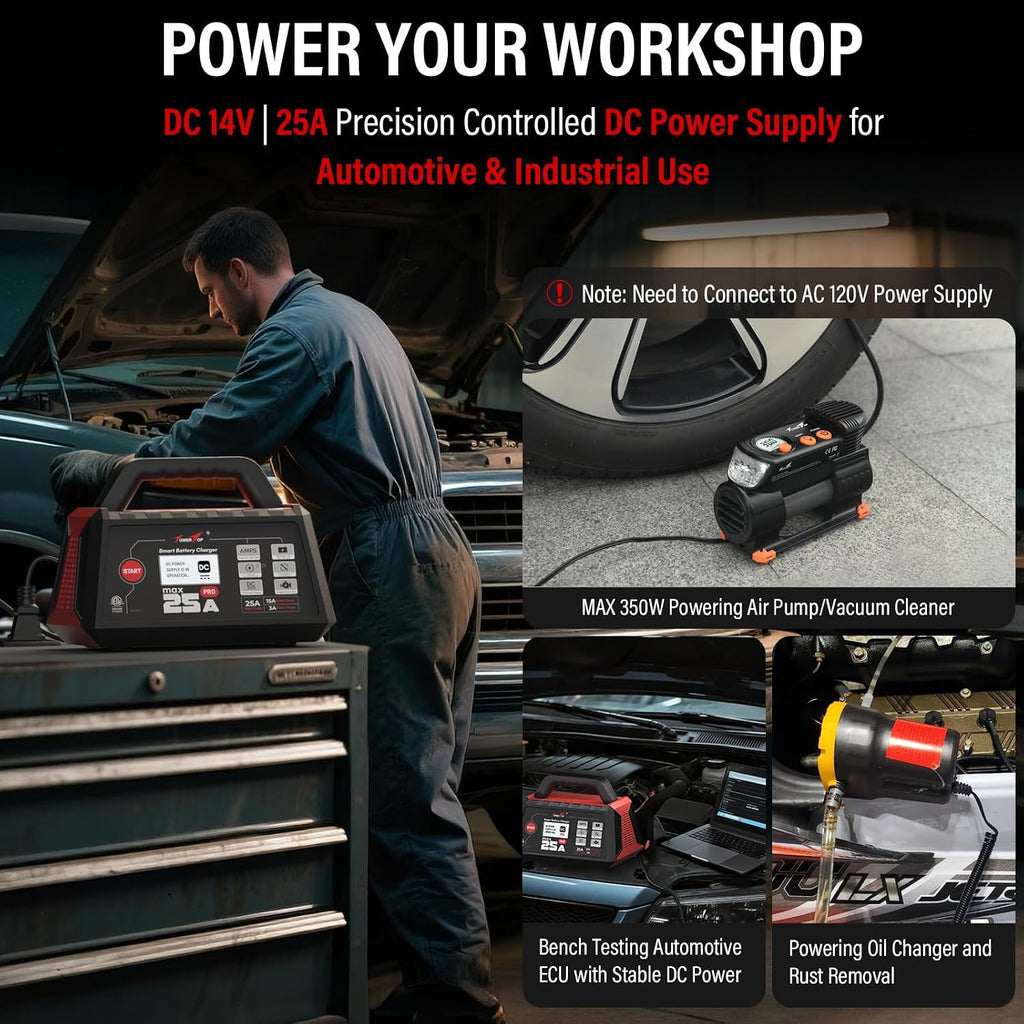 TowerTop 25A Max Pro Battery Charger: 12V Fully Automatic Smart Trickle Charger, Automotive Battery Maintainer with Engine Start, DC Supply, Winter Mode, Recondition,Desulfation, for Lead Acid/Lithium