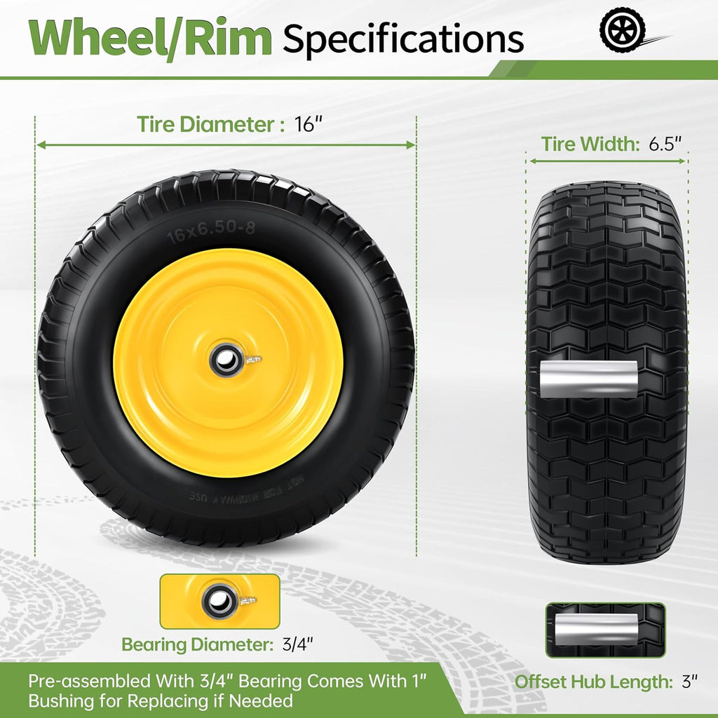 2 PCS 16x6.50-8 Flat Free Riding Lawn Mower Tire and Wheel with 1' Bushing, 3/4'Bearing，3-5'Offset Hub, Relacement 16x6.5-8 Solid Turf Tire with Rim for Lawn Mowers and Garden Tractor Front Assembly