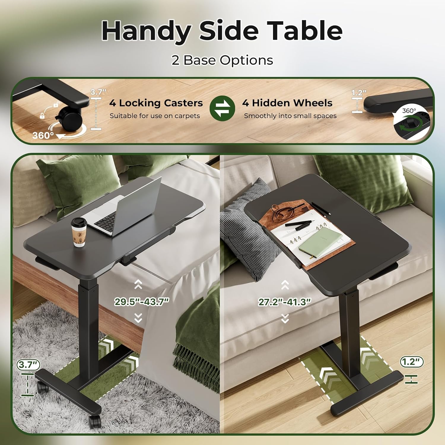 Gibbon Mounts 32inch Rolling Laptop Desk, Mobile Standing Desk Height Adjustable, 180° Tiltable Overbed Bedside Table, Portable Computer Desk with Lockable Wheels, Foldable Laptop Cart, Black