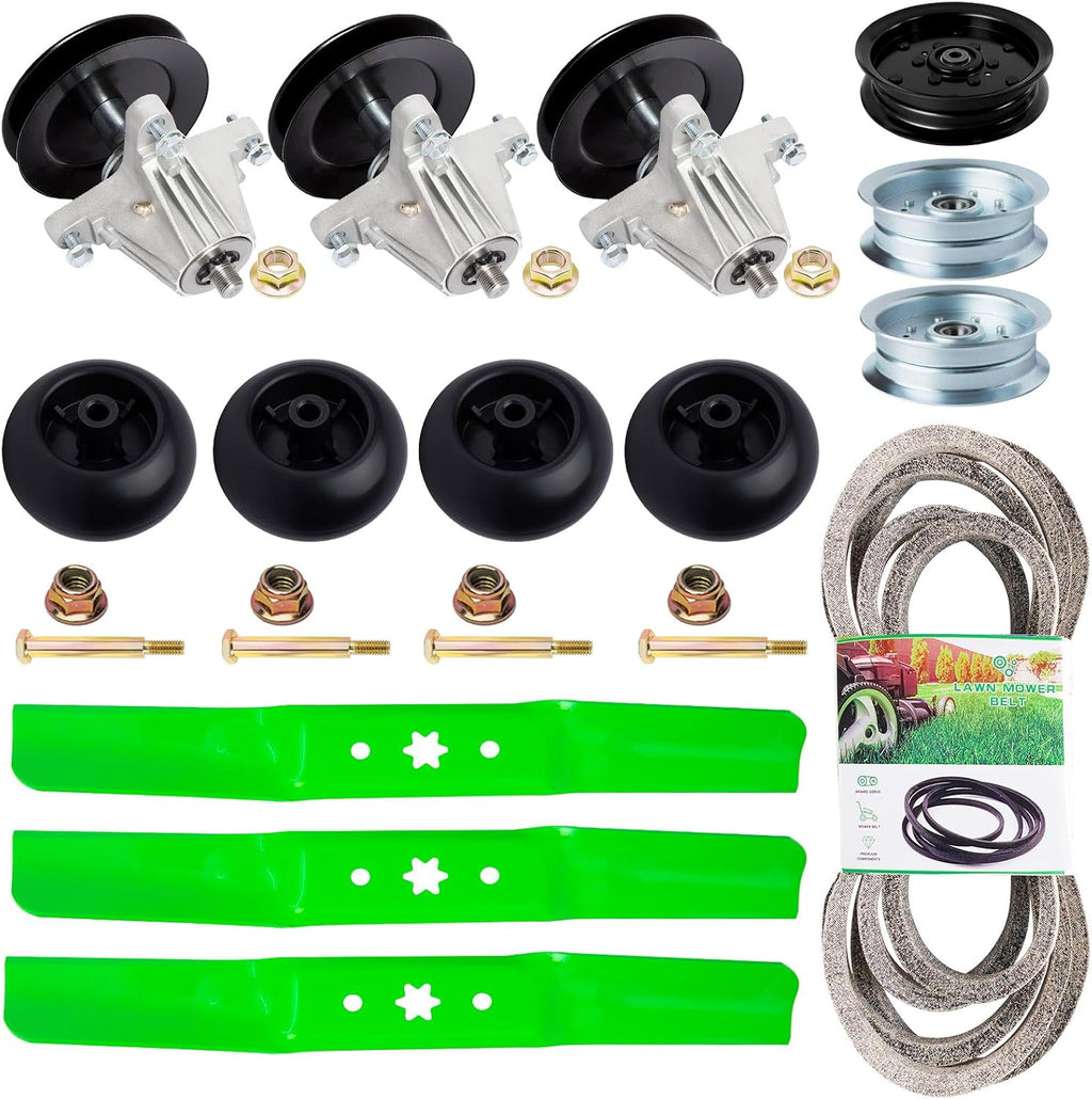 54 inch Lawn Mower Deck Rebuild Kit Fit for Troy Bilt MTD Cub Cadet RZT-L54 ZT1-54 XT1-ST54 XT2-54 Includes(3)Spindles 918-06978(3) Blades 942-05056(3)Idler GY22082 756-04511B(4)Deck Wheel 734-04155