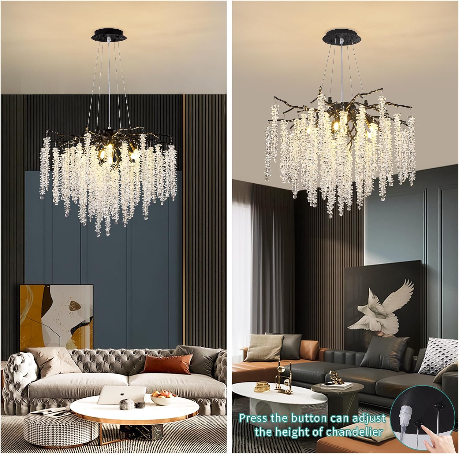 Modern Crystal Tree Branch Chandelier, D31.5'' Black Round Raindrop Indoor Hanging Branch Chandelier Fixture for Dining Room Living Room Bedroom 12 Lights