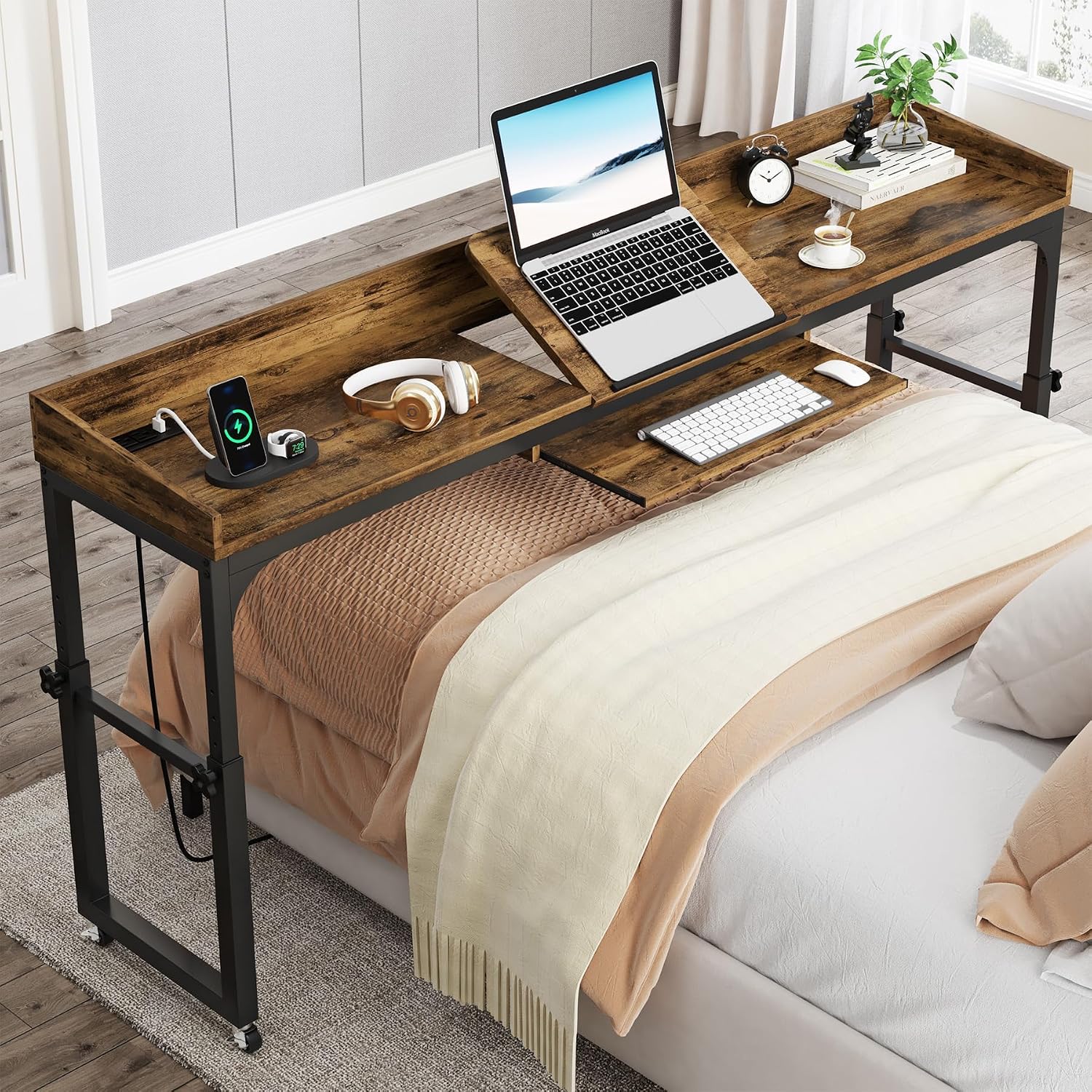 LITTLE TREE Overbed Table with Wheels Adjustable Height, Rolling Table with Outlets & USB Ports for Queen Bed, Giant Adjustable Over the Bed Desk with Tilt Stand, Brown