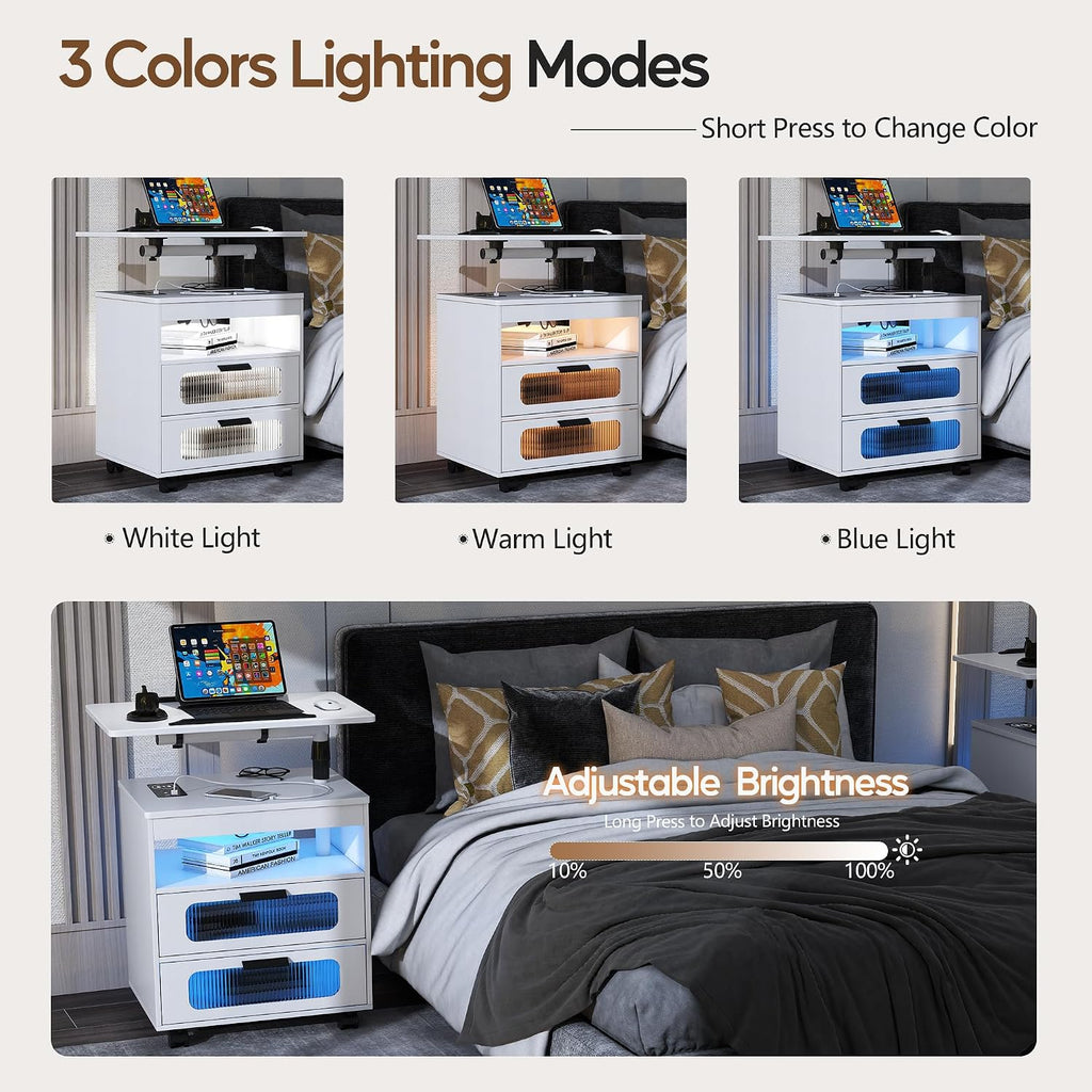 Height Adjustable Nightstand with Charging Station - Swivel Top Bedside Table with LED Lights, Auto Sensor Smart End Table, Dorm Rolling Side Table Laptop Workstaion with Wheels for Bedroom (White)