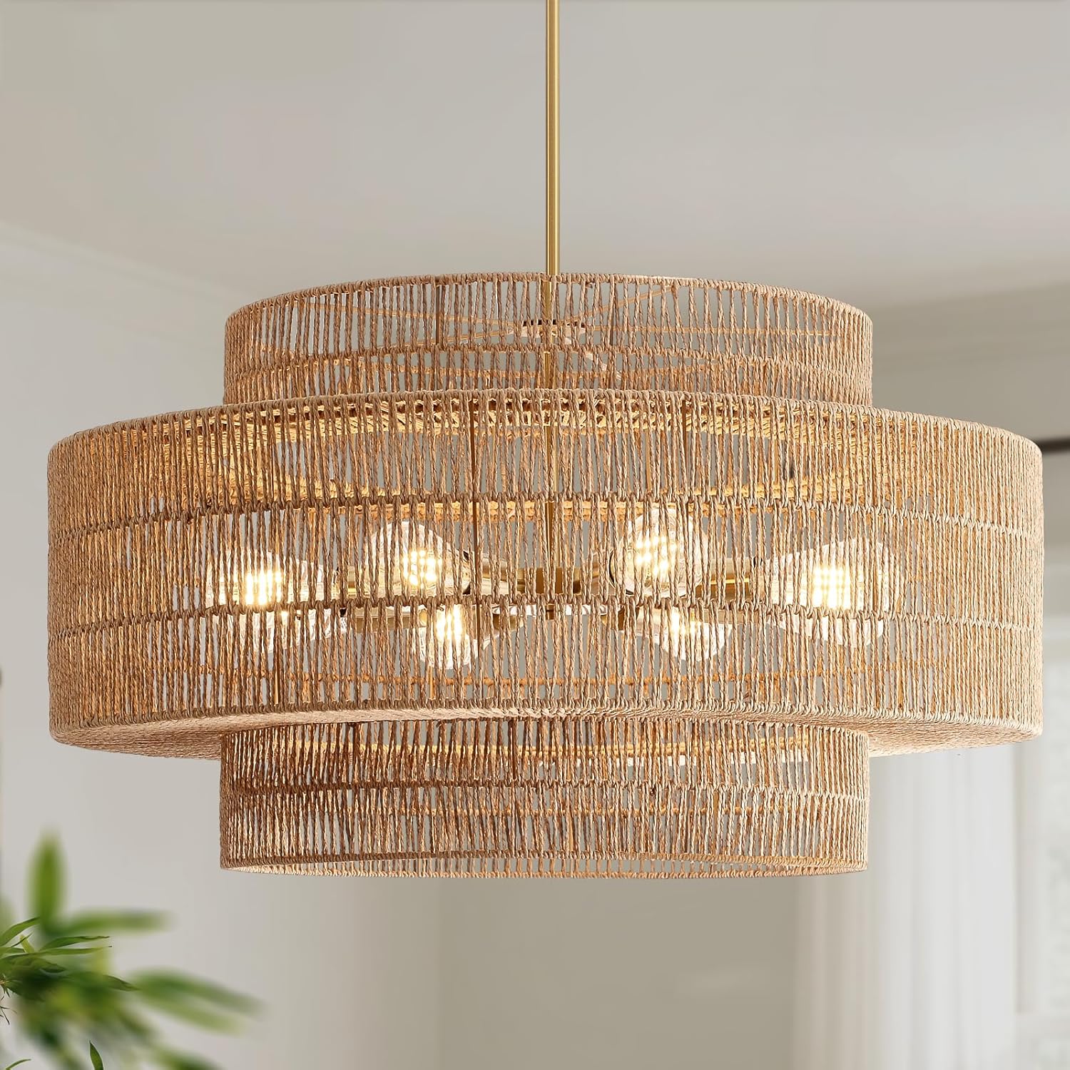 30' Boho Rattan Chandelier Light Fixture, 8-Light Large Hand Woven Pendant Light Fixture Farmhouse Rustic Chandeliers for Dining Room, Kitchen, Bedroom, Living Room, Hallway, Foyer