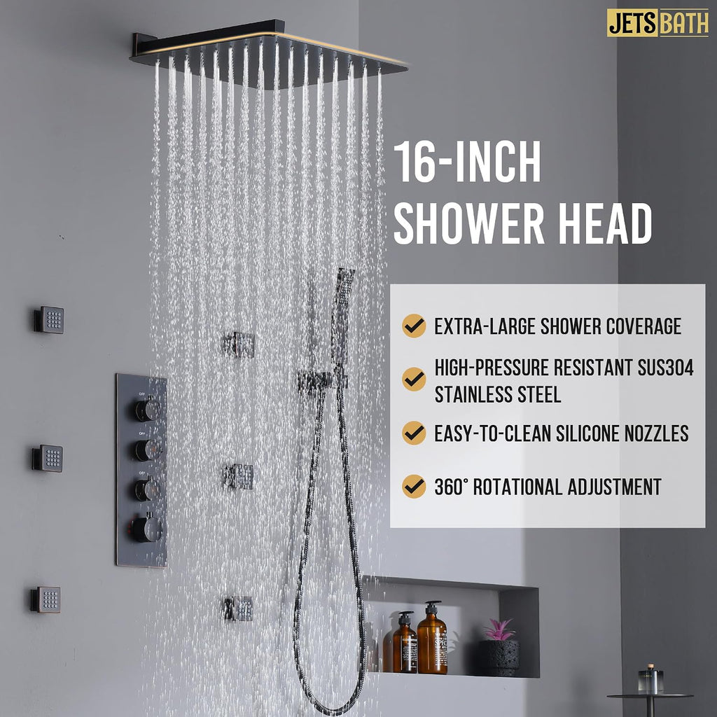 16' Thermostatic Rain Shower System with 6 Body Jets & 16-Inch Rainfall Shower Head, JetsBath Full Body Shower Faucet Sets with Valve & Handheld, Oil Rubbed Bronze Luxury Wall Mount Shower Faucet Set