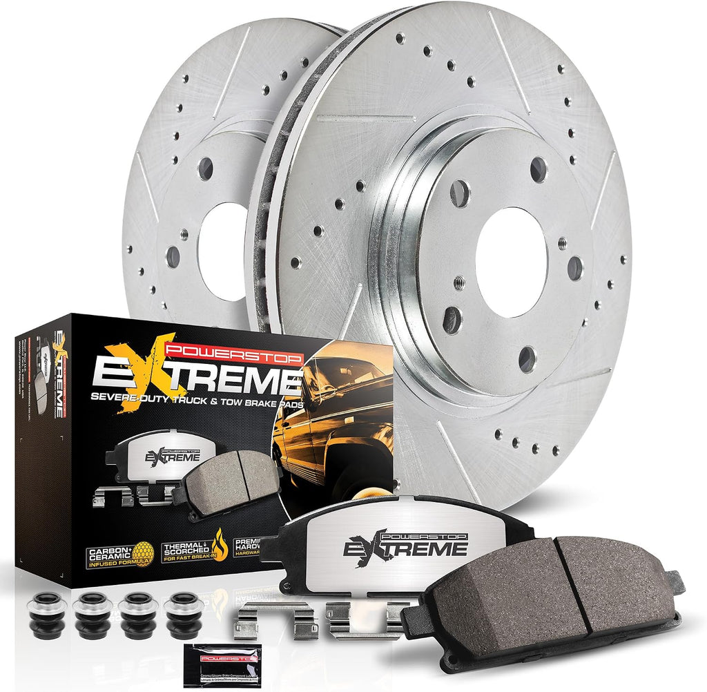 PowerStop Front Brake Kit For Chevrolet Colorado 2023-24, GMC Canyon 2023-24 - Truck & Tow Carbon Fiber Ceramic Brake Pads & Drilled and Slotted Rotors Replacement, K9200-36
