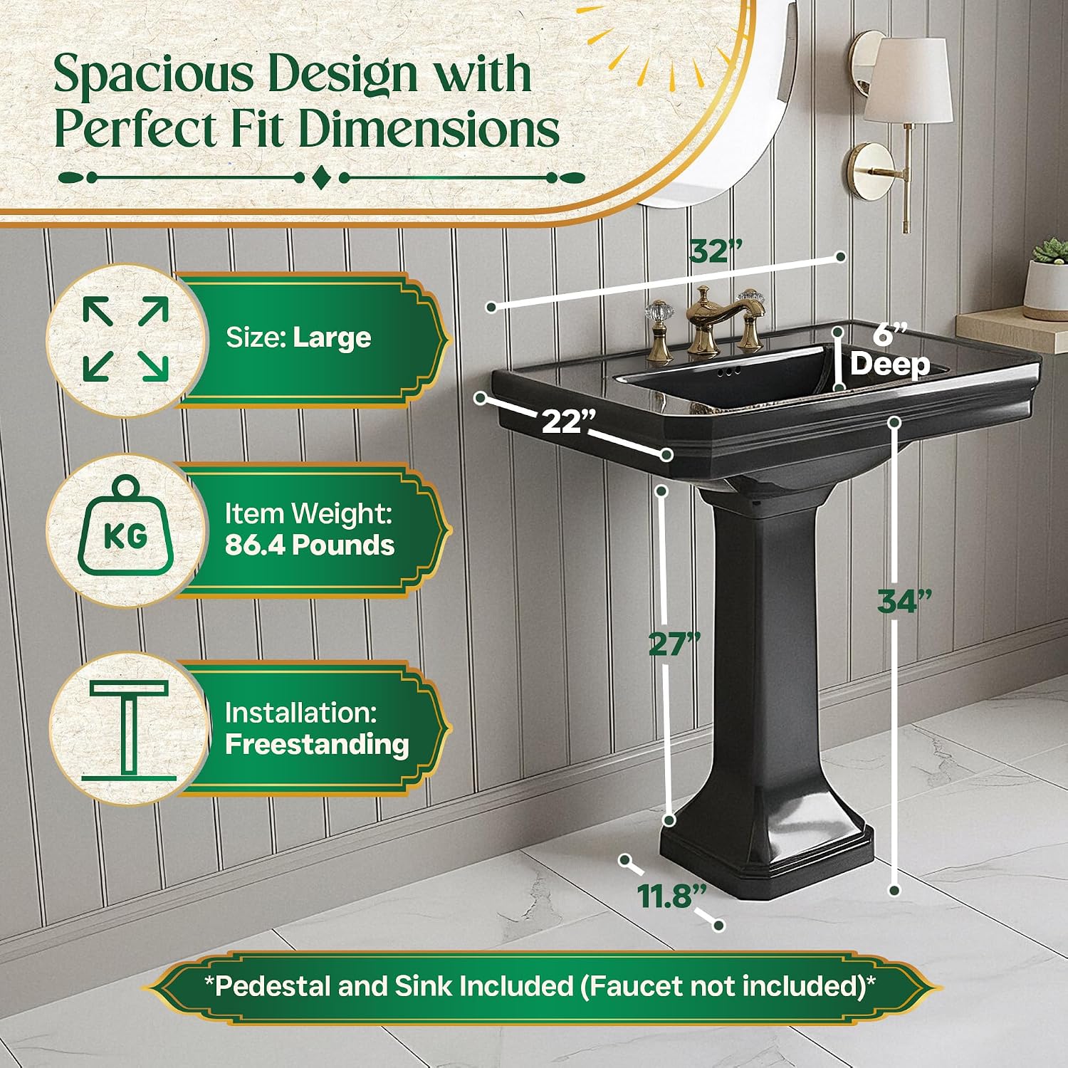 Renovators Supply Manufacturing Victorian 32' W x 34.5' H x 22' Proj. Large Bathroom Black Pedestal Sink, Vitreous China, with Overflow, Compatible with 8 in. Widespread Faucets