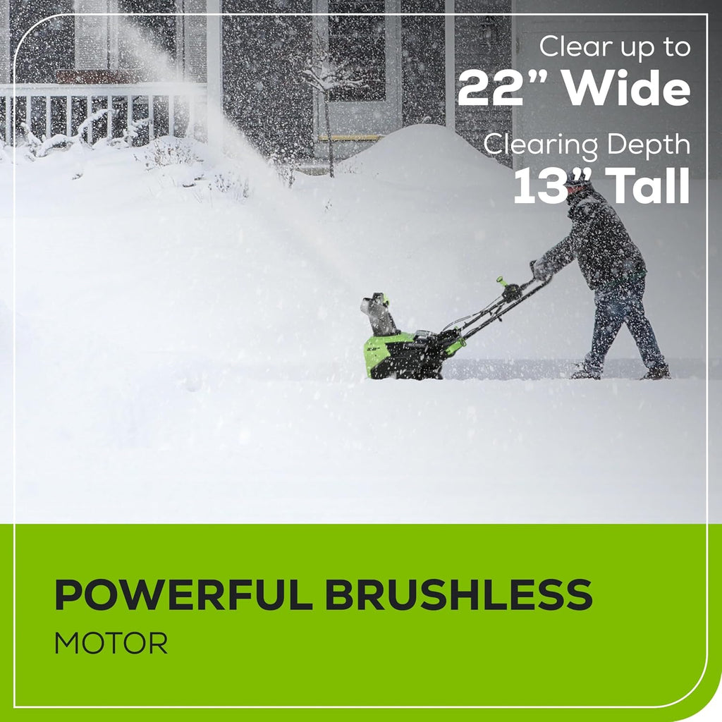 Greenworks Pro 60V 22' Brushless Cordless Snow Blower (Single Stage), (2) 5.0Ah Batteries and Dual Port Charger Included