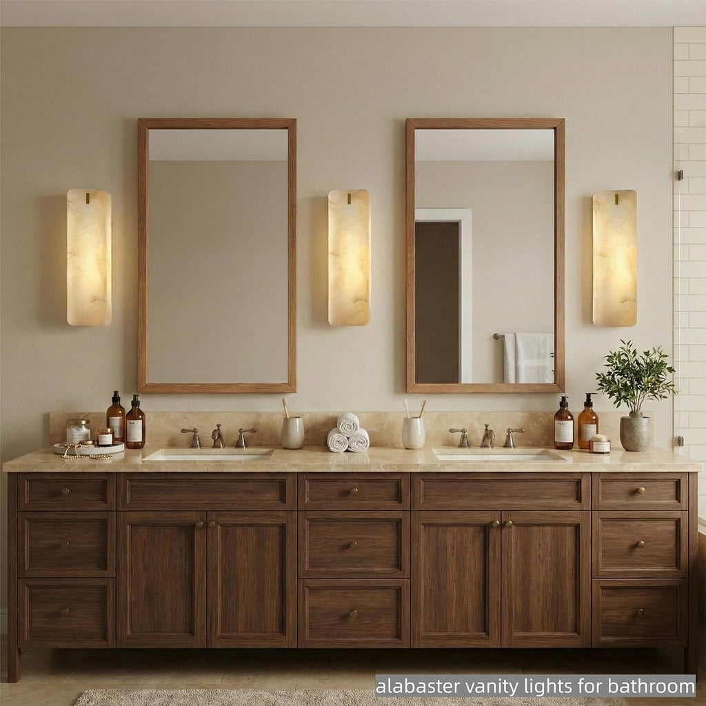 Rectangular Alabaster Wall Sconce 16 Inch, Natural Spanish Stone Brass Gold Wall Light, Modern Marble Sconces Dimmable E12 Hardwired Bathroom Vanity Light Fixture for Mirror, Bedroom, Hallway(1 Pcs)