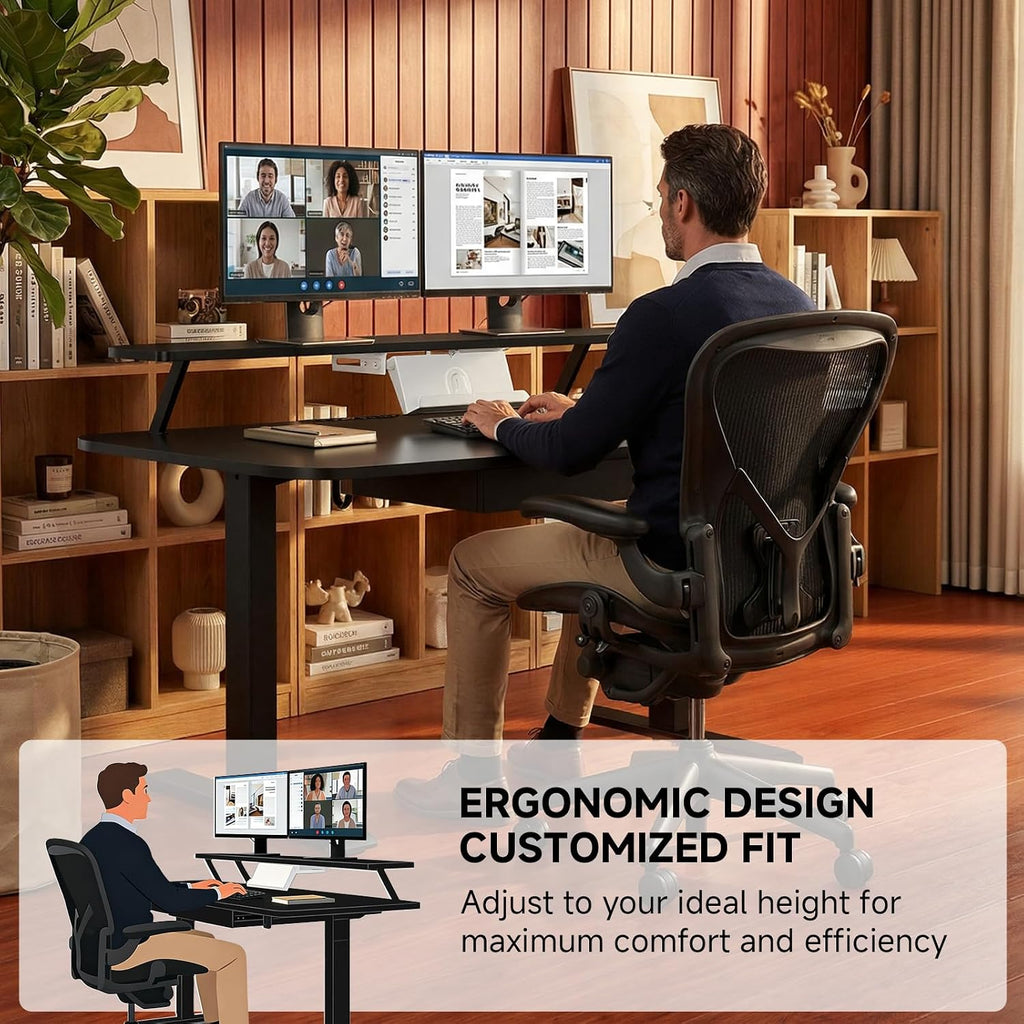 GTPLAYER Electric Standing Desk with Drawers, 55 x 24 Inches Height Adjustable Computer Desk with Monitor Stand, Laptop Stand, Home Office Sit Stand Up Desk with Memory Preset, Black