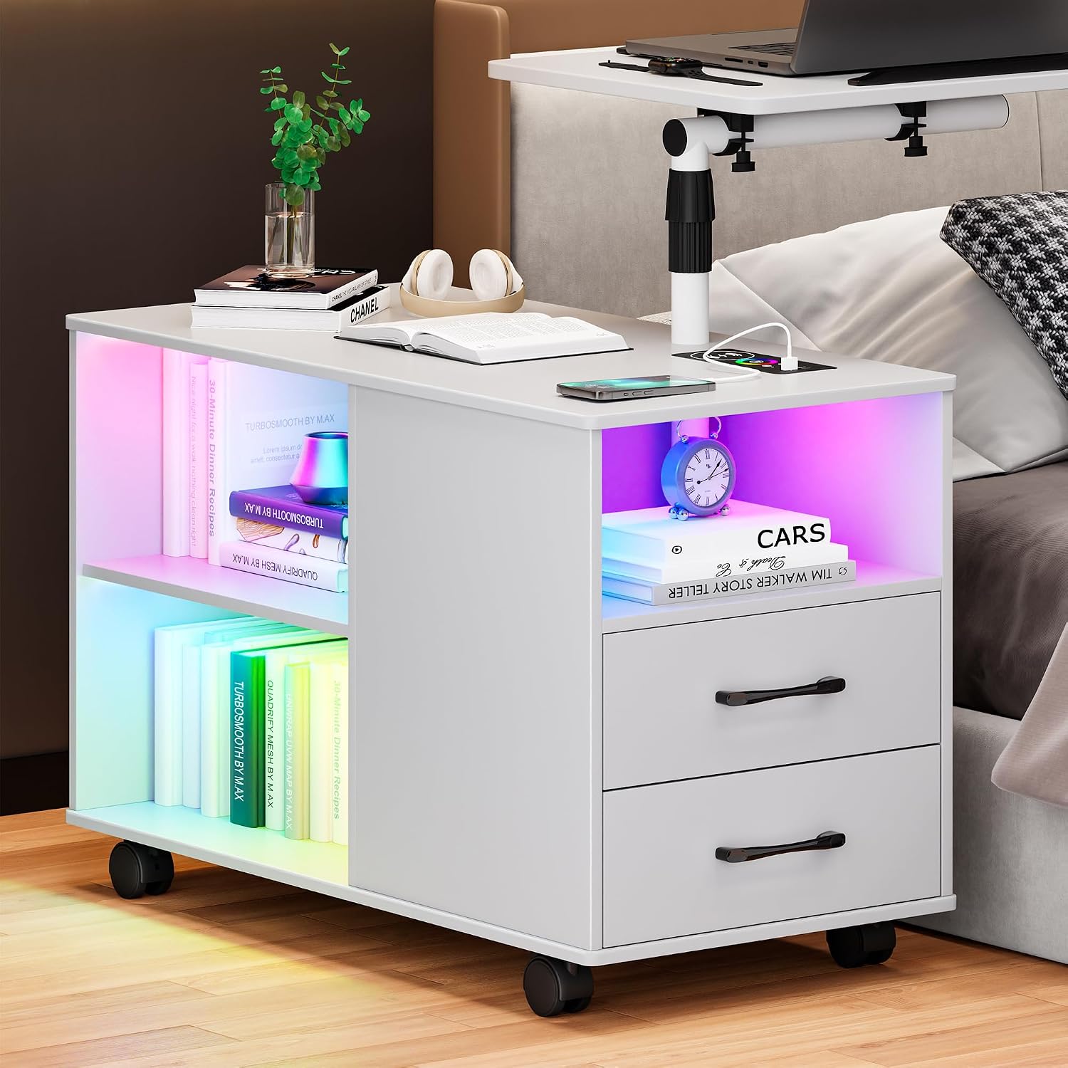 Gurexl 360° LED Nightstand with Wireless Charging Station for Bedroom, Movable Adjustable Bedside Table with Laptop Tray, Auto Sensor End Table with 24 Color Dimmable -White
