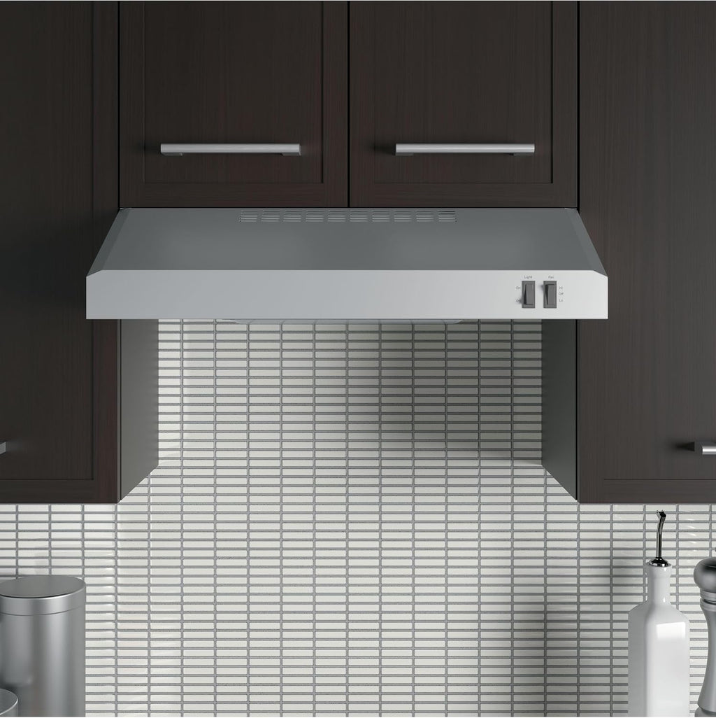 GE 24in. Under Cabinet Range Hood, convertible Duct, 2 Speed Exhaust Fan, Front Control and Reusable Filter, Stainless Steel