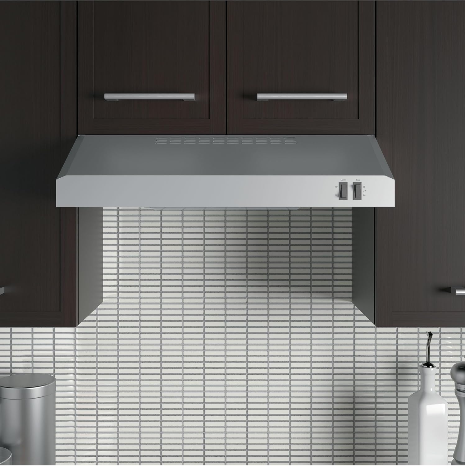 GE 24in. Under Cabinet Range Hood, convertible Duct, 2 Speed Exhaust Fan, Front Control and Reusable Filter, Stainless Steel