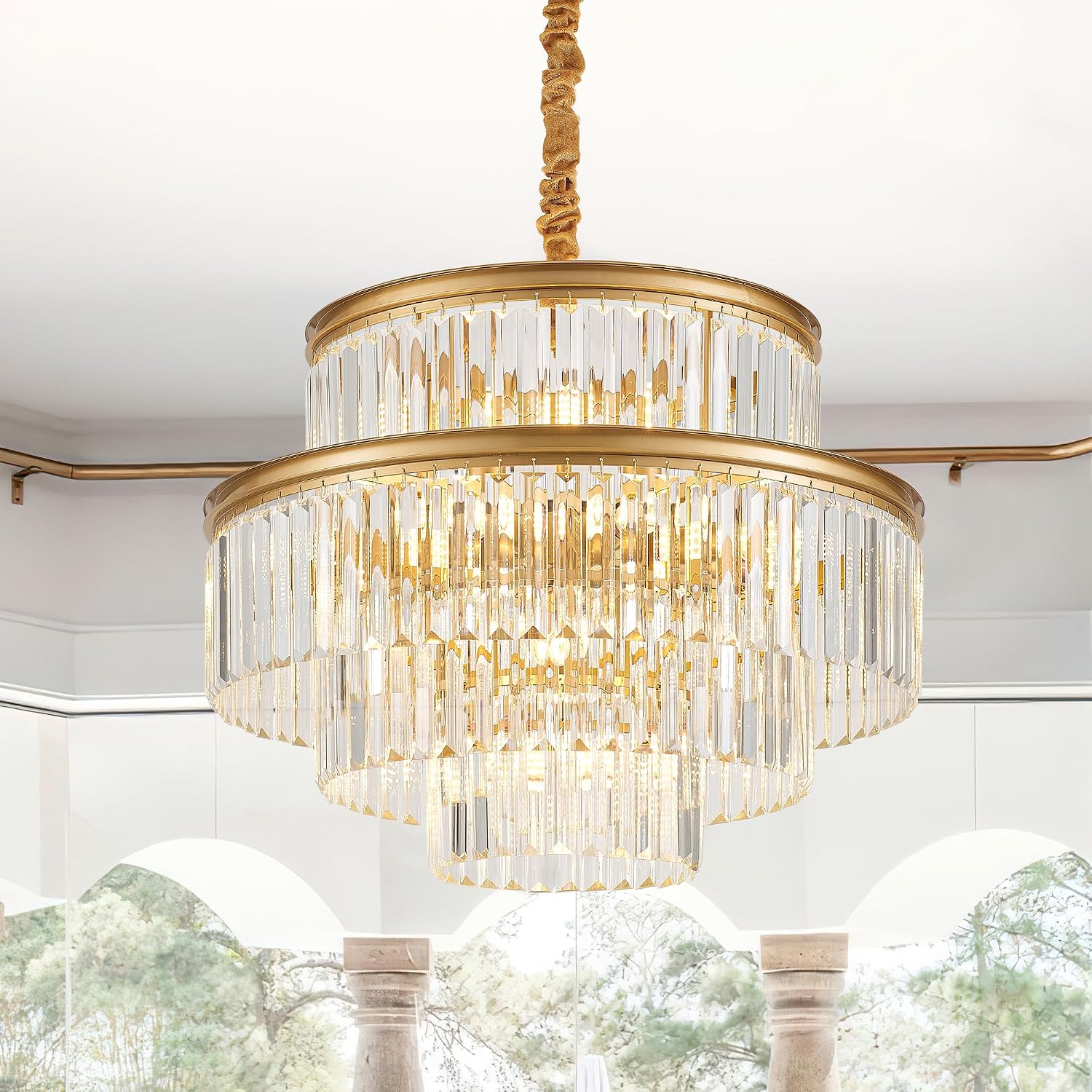 21.6' 14-Light Modern Crystal Chandelier Light Fixtures 4-Tier Gold Luxury Chandeliers for Dining Room Round Hanging Pendant Lighting for Living Room Kitchen Entryway Bedroom Foyer Hallway